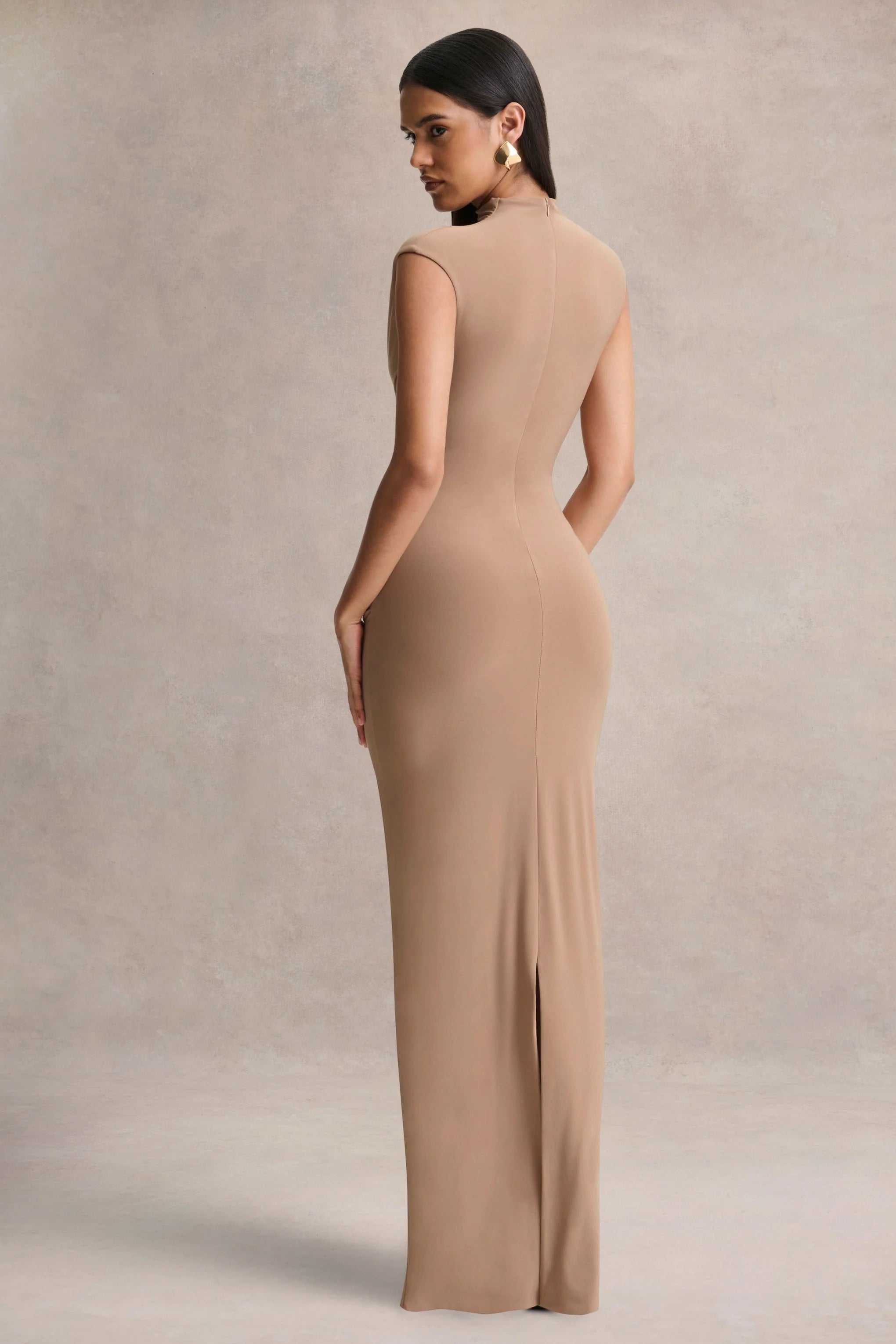 Solene Brown High Neck Maxi Dress With Wrap And Drape Detail