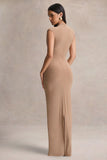 Solene Brown High Neck Maxi Dress With Wrap And Drape Detail