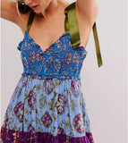 Women Floral Maxi Dress Tie Shoulder Patchwork Smocked Flowy Boho Dress with Pockets Summer Vacation Sundress