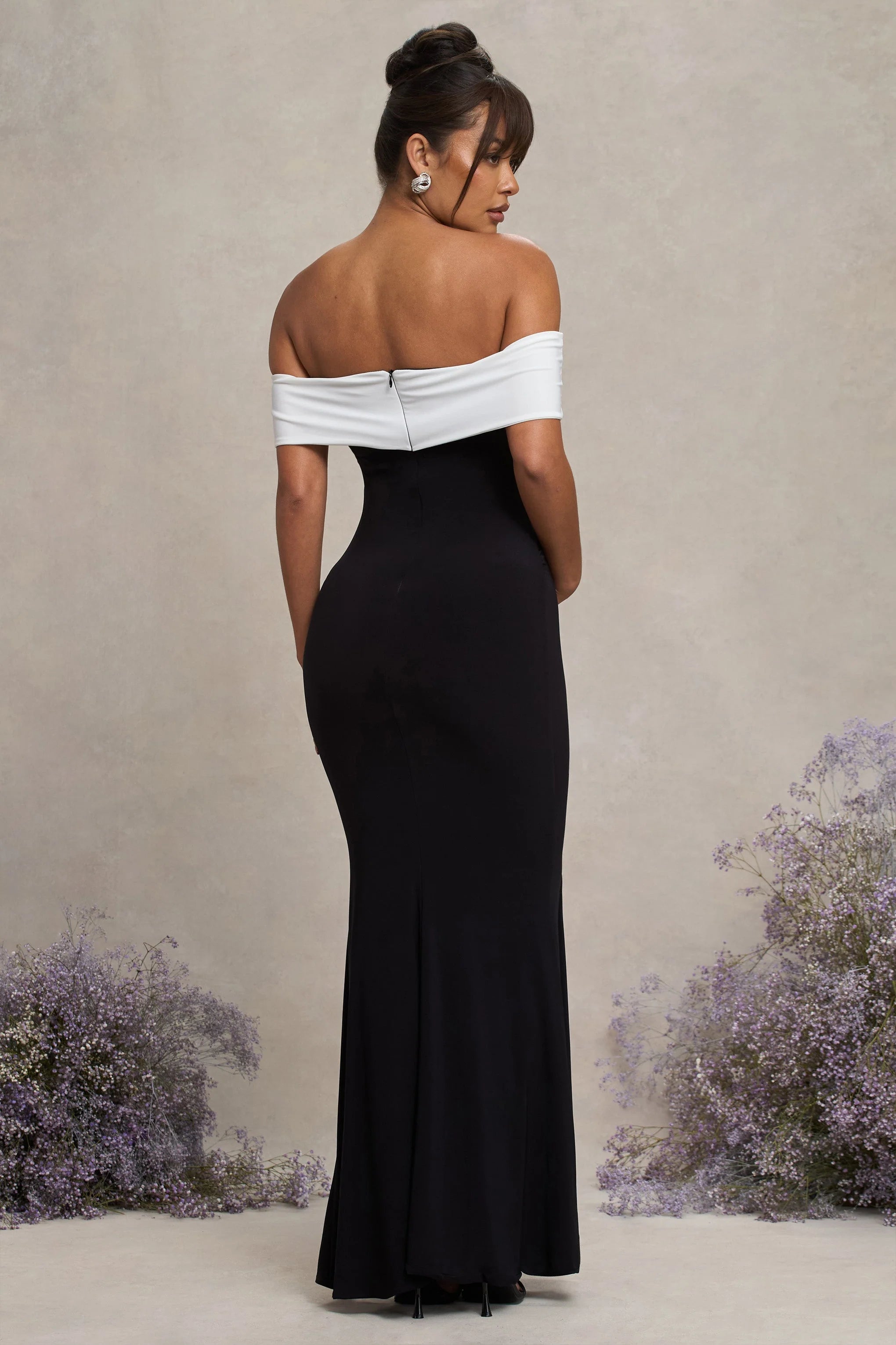 In Bloom Black White Bardot Maternity Maxi Dress With Flower