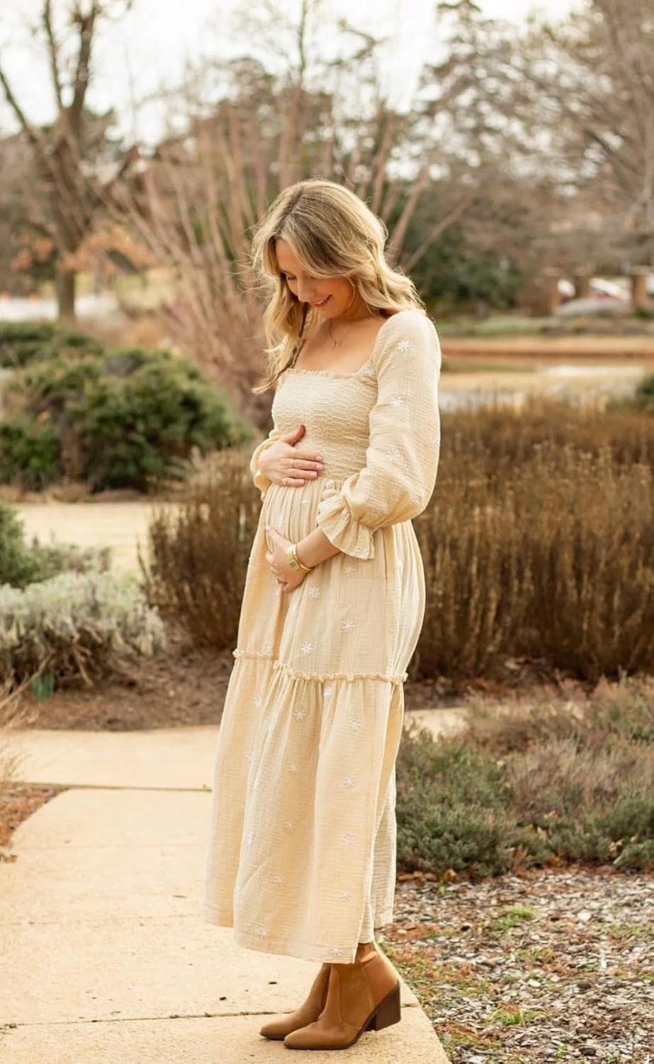 Women Floral Embroidered Maxi Dress Long Puff Sleeve Square Neck Bohemian Flowy Dress with Pockets Summer Fall