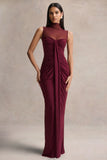 Brialle Burgundy High Neck Maxi Dress With Mesh And Gathered Detailing