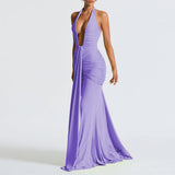 Women Deep V Neck Ruched Maxi Dress Sleeveless Halter Gown Cocktail Evening Formal Dresses