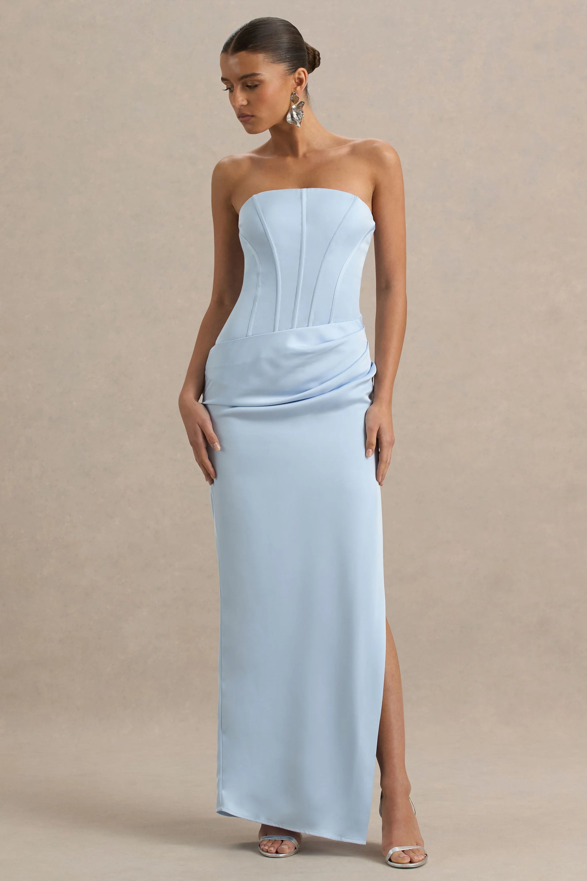 Joseline Powder Blue Satin Corset Wrap Maxi Dress With Scarf