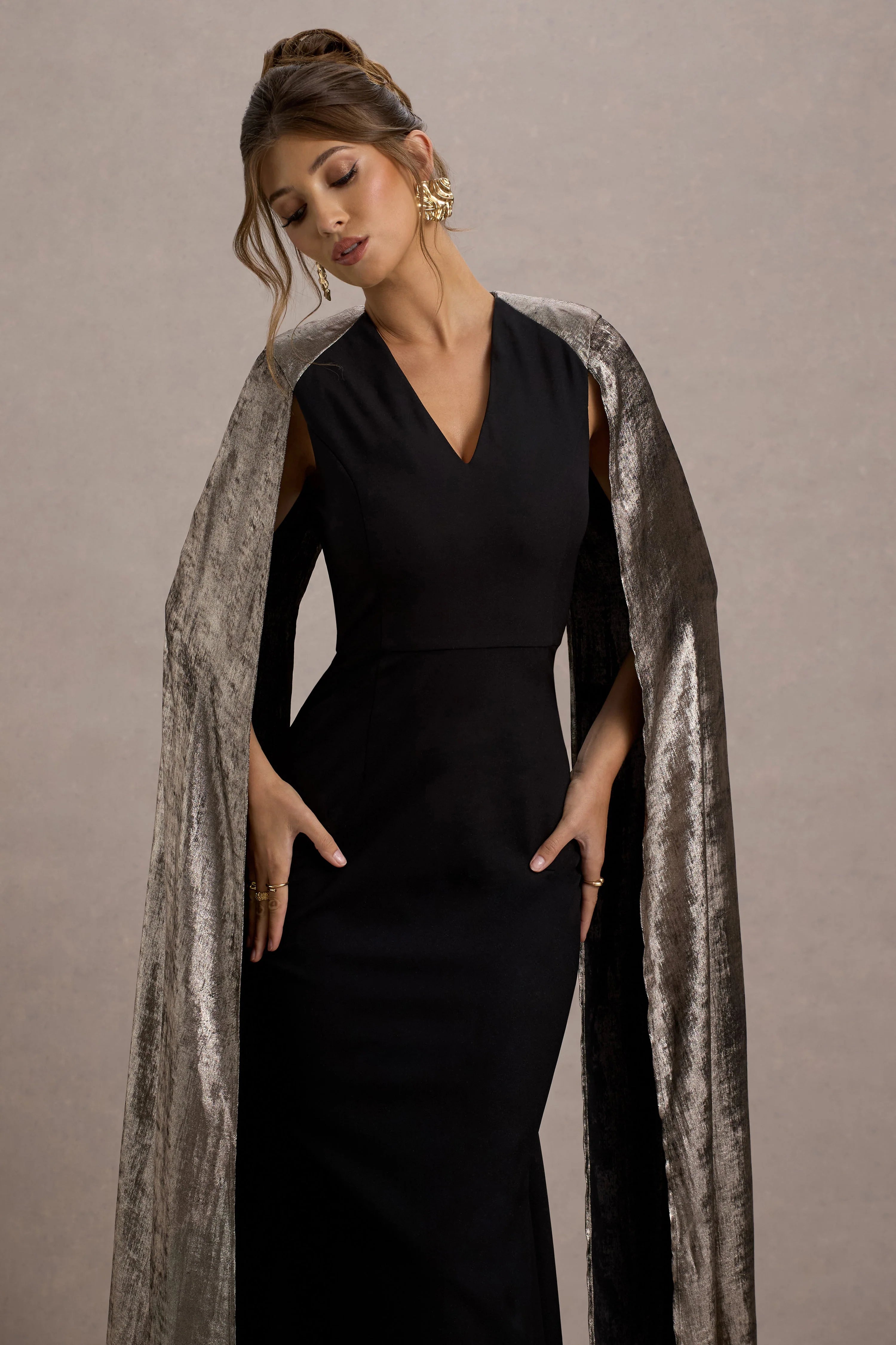 Ilenia Black V Neck Maxi Dress With Metallic Cape
