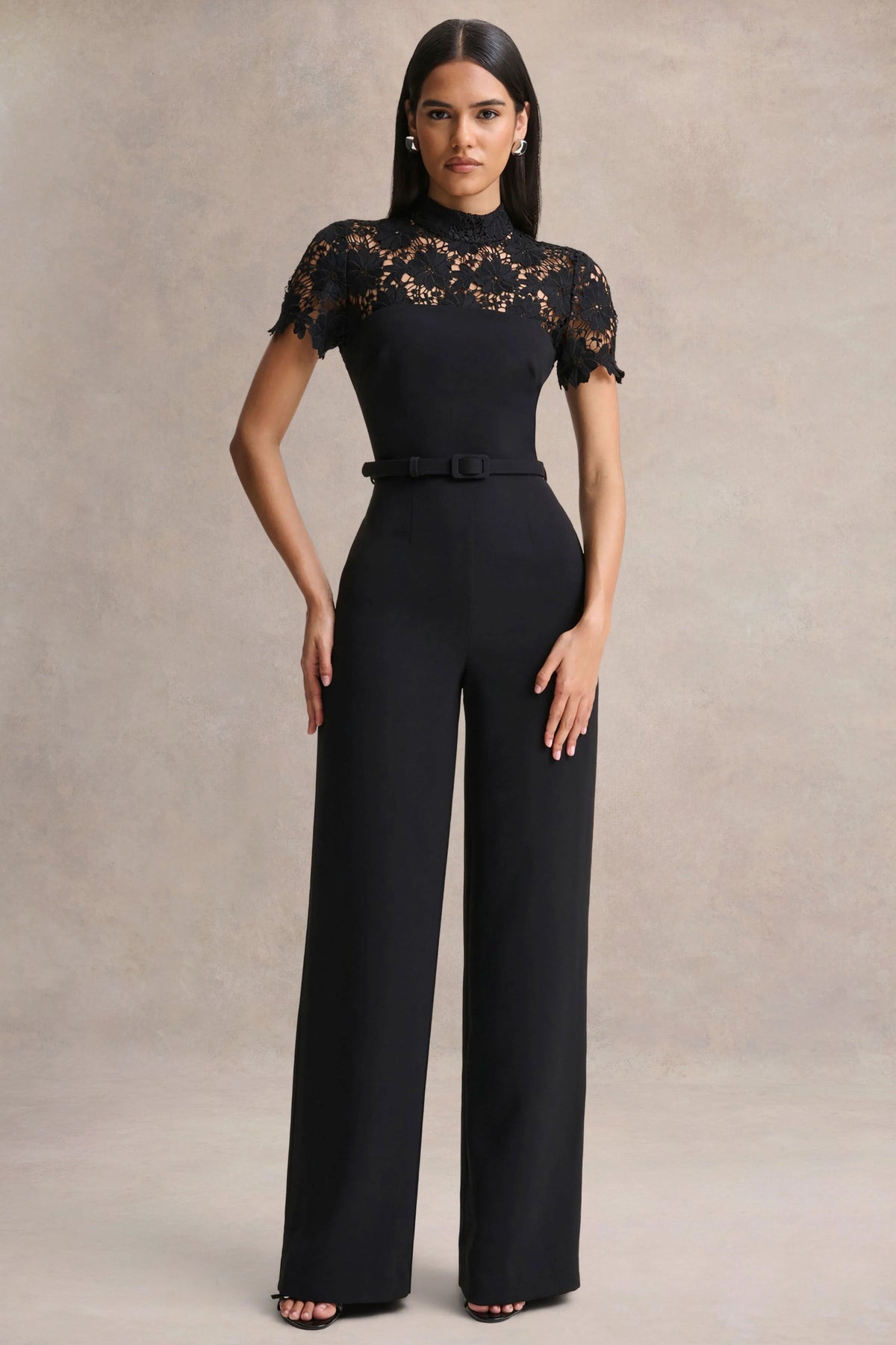 Orlina Black High Neck Jumpsuit With Lace Detailing
