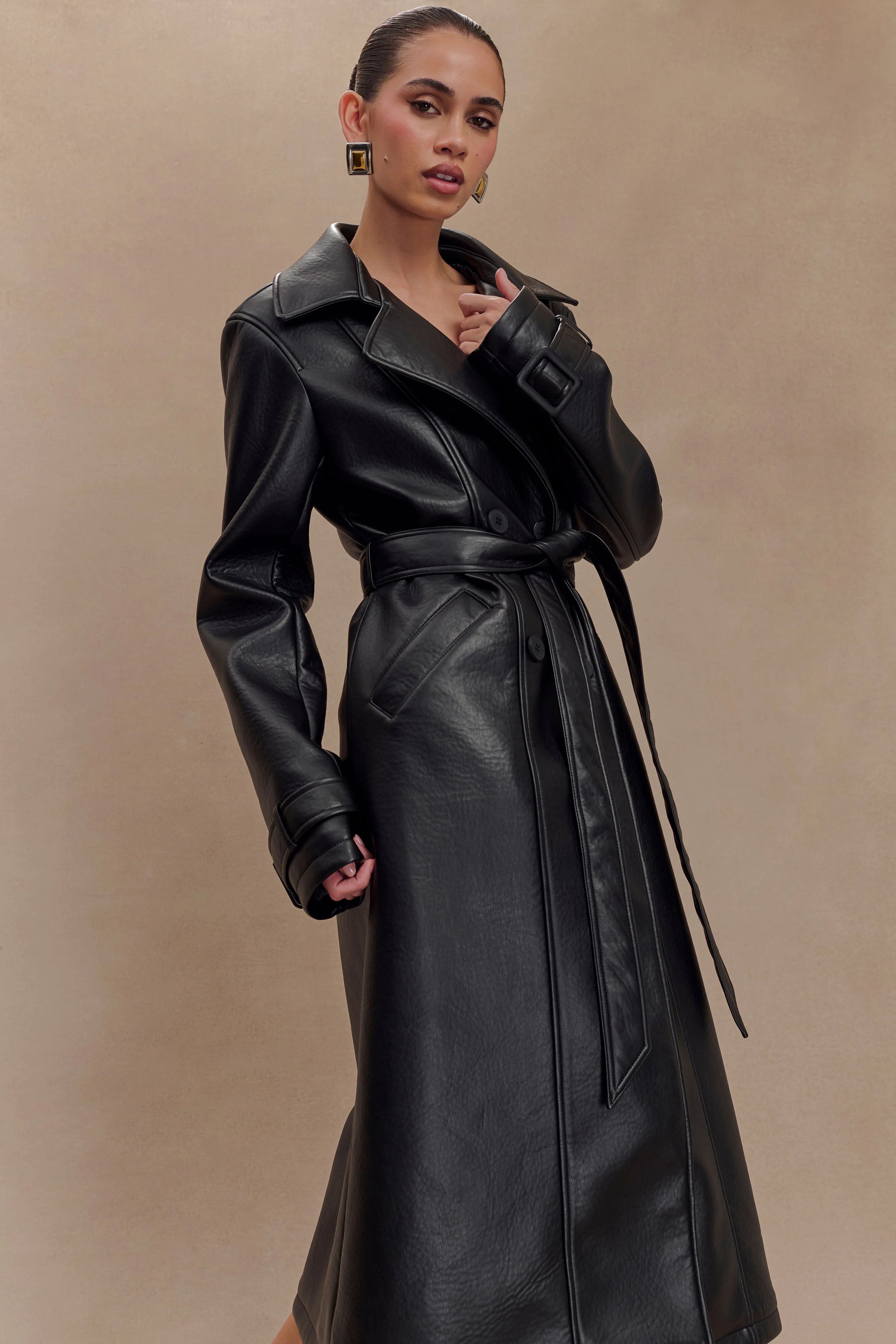 Tarah Faux Leather Trench Coat Black