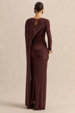 Orintha Brown Slashed Neck Maxi Dress With Cape And Gold Detail