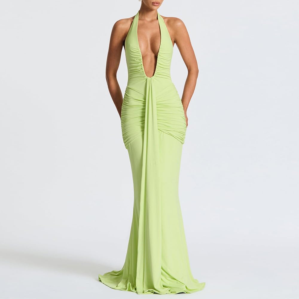 Women Deep V Neck Ruched Maxi Dress Sleeveless Halter Gown Cocktail Evening Formal Dresses