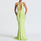 Women Deep V Neck Ruched Maxi Dress Sleeveless Halter Gown Cocktail Evening Formal Dresses
