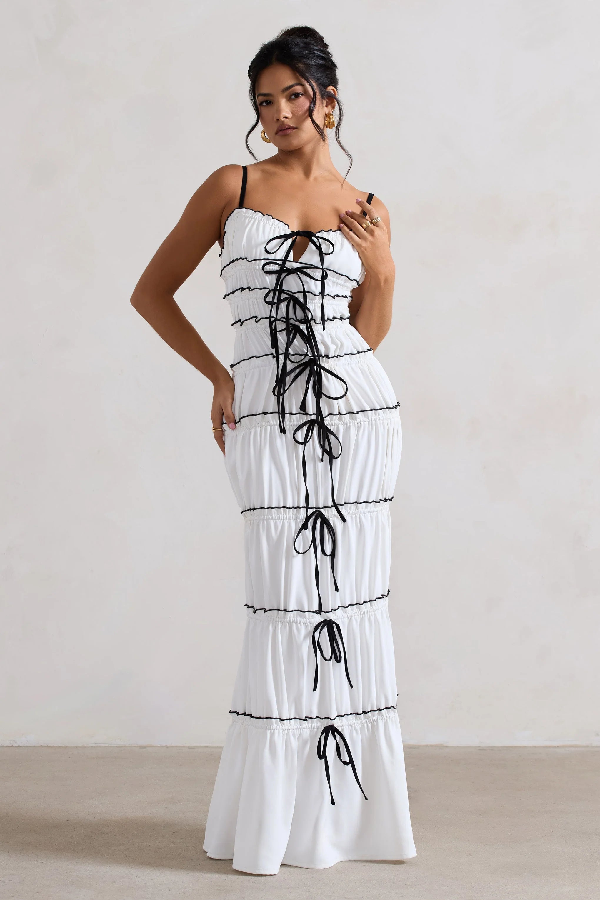 Summer Breeze White Strappy Gathered Tiered Maxi Dress