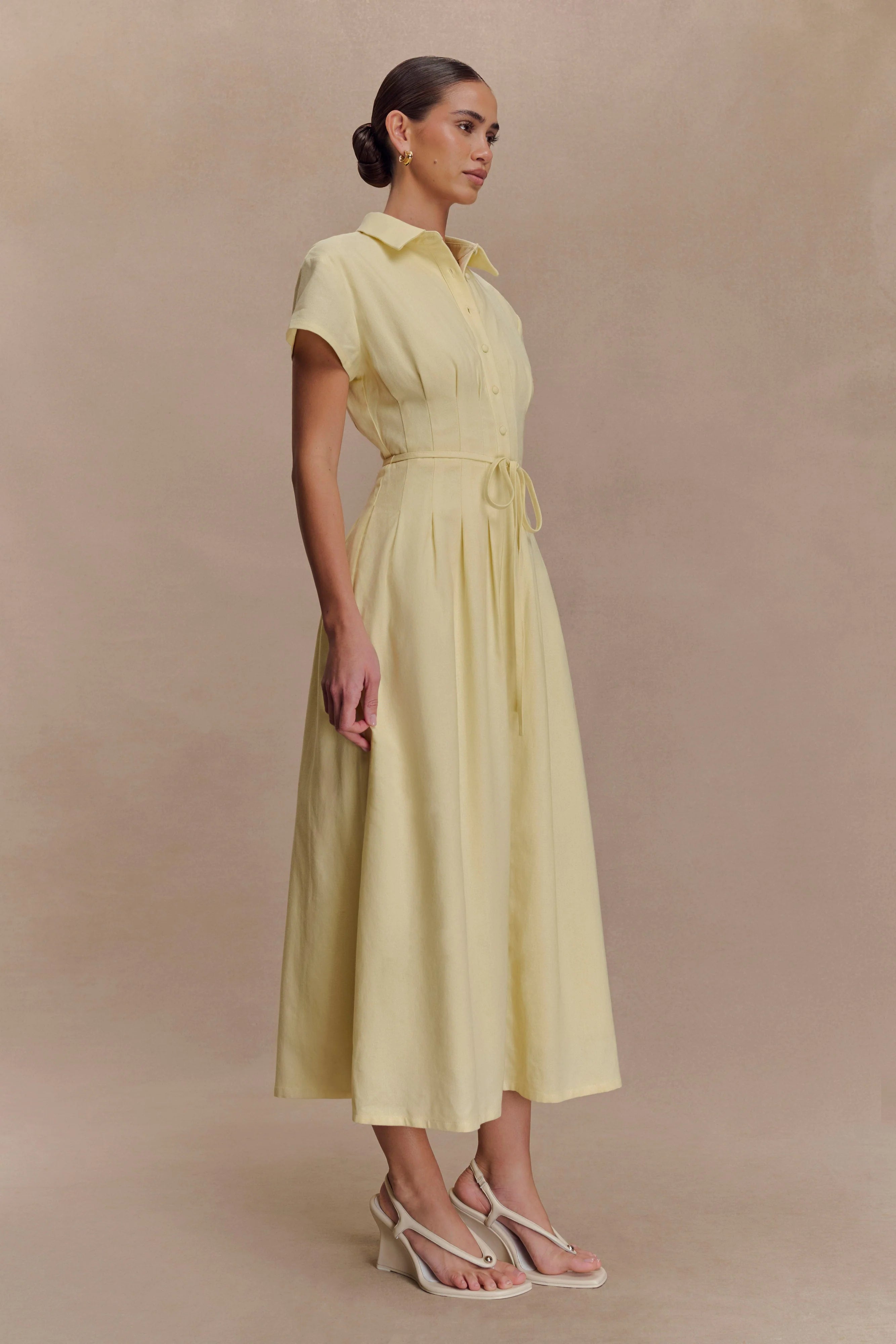 Aysha Buttoned Linen Midi Dress Lemon