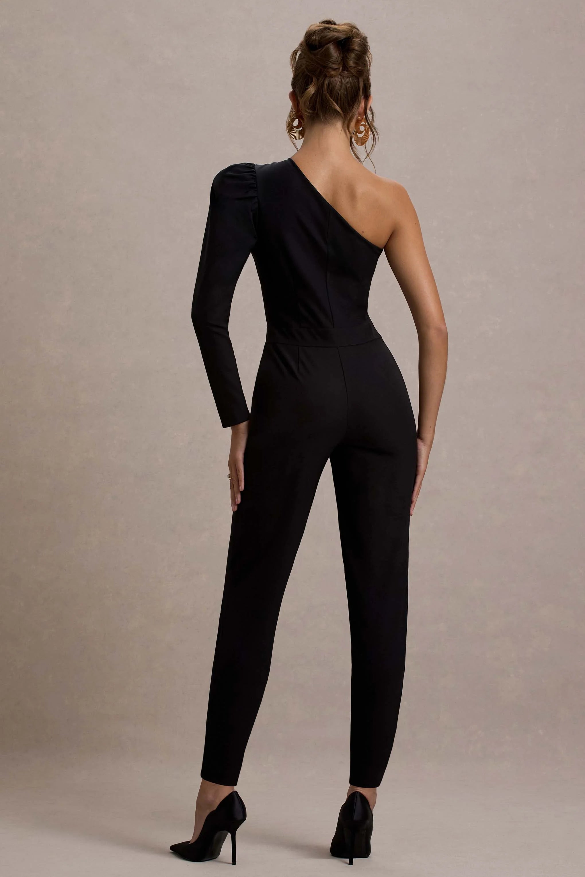 San Jose Black One Shoulder Puff Sleeve Jumpsuit