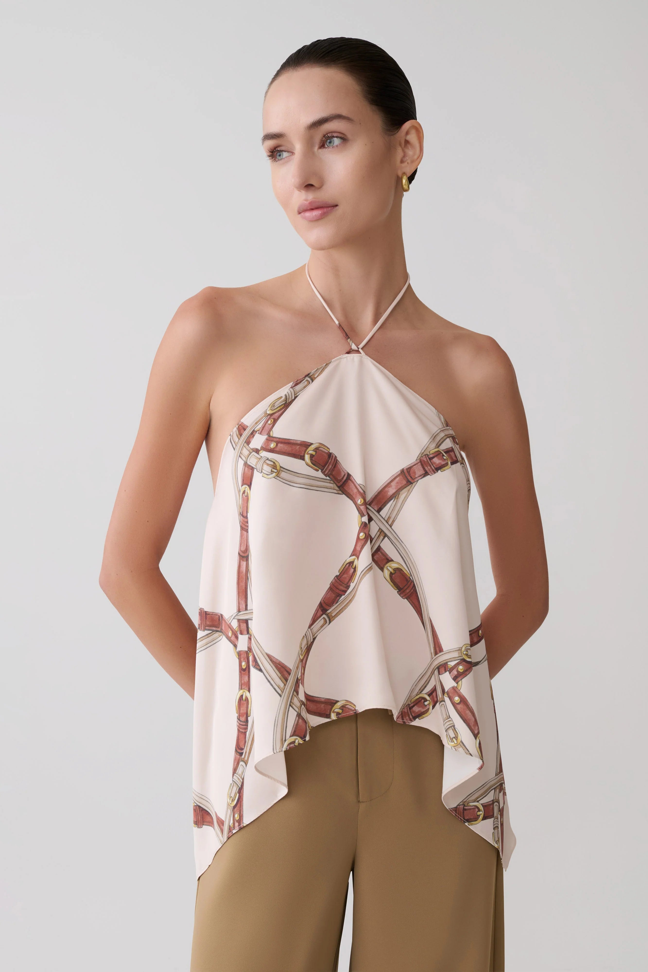 Adelaide Draped Satin Halter Top Chain Print