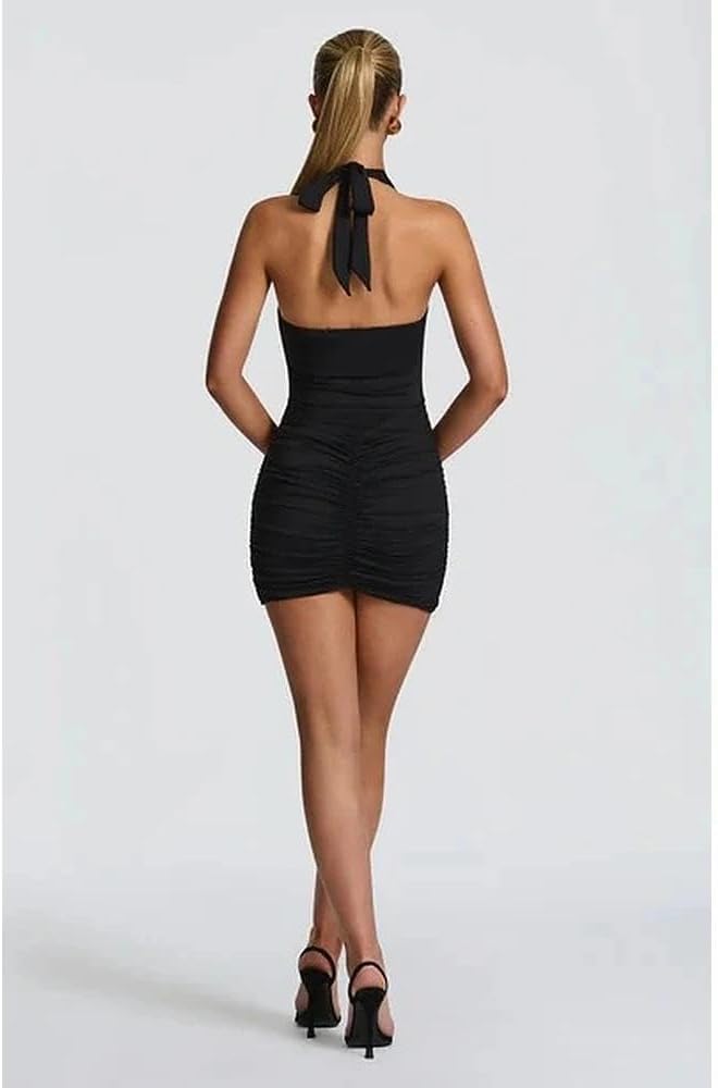 Women Deep V Neck Ruched Mini Dresses Backless Halter Dress Party Club Night