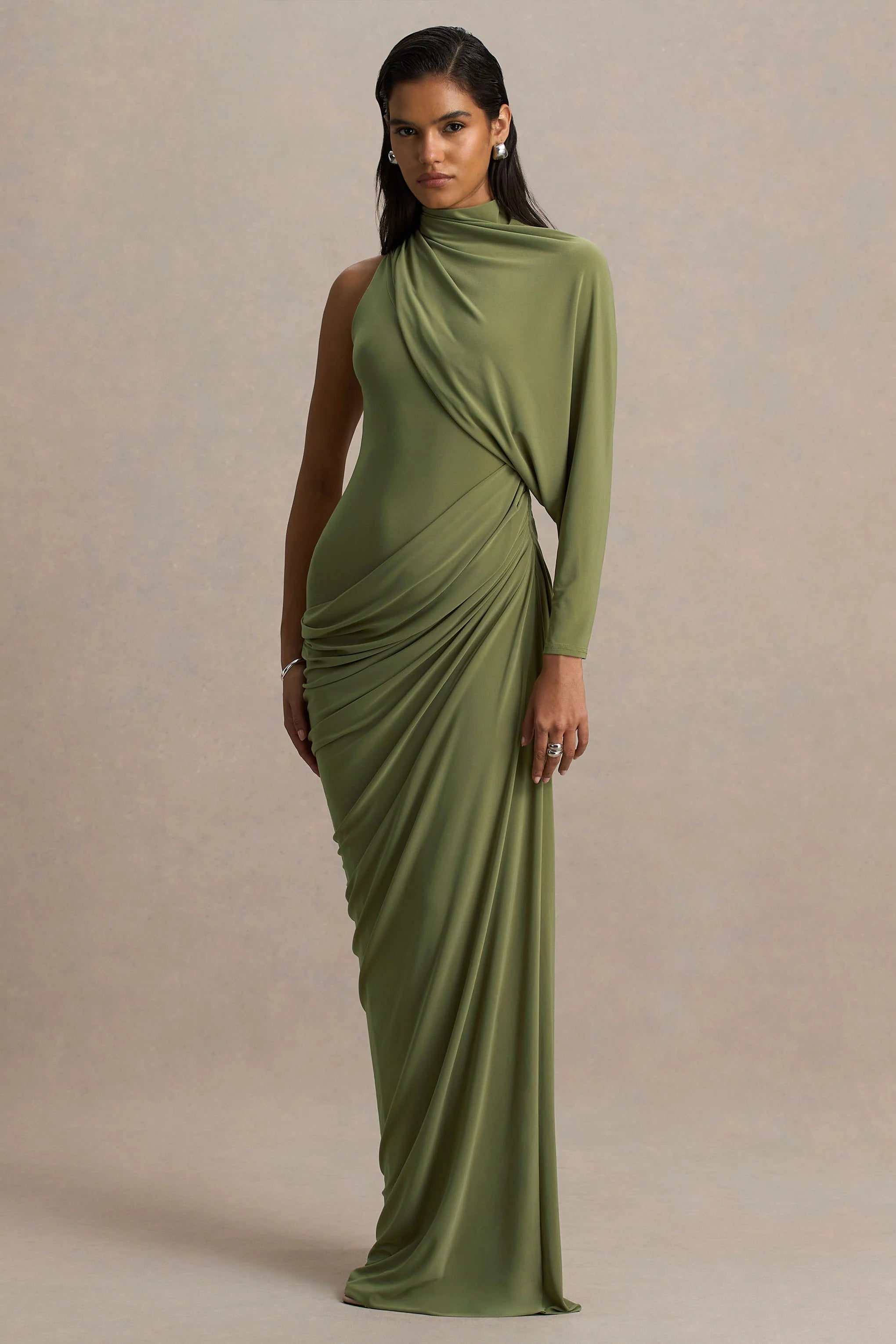 Aphra Green High Neck Maxi Dress With Cape Sleeve