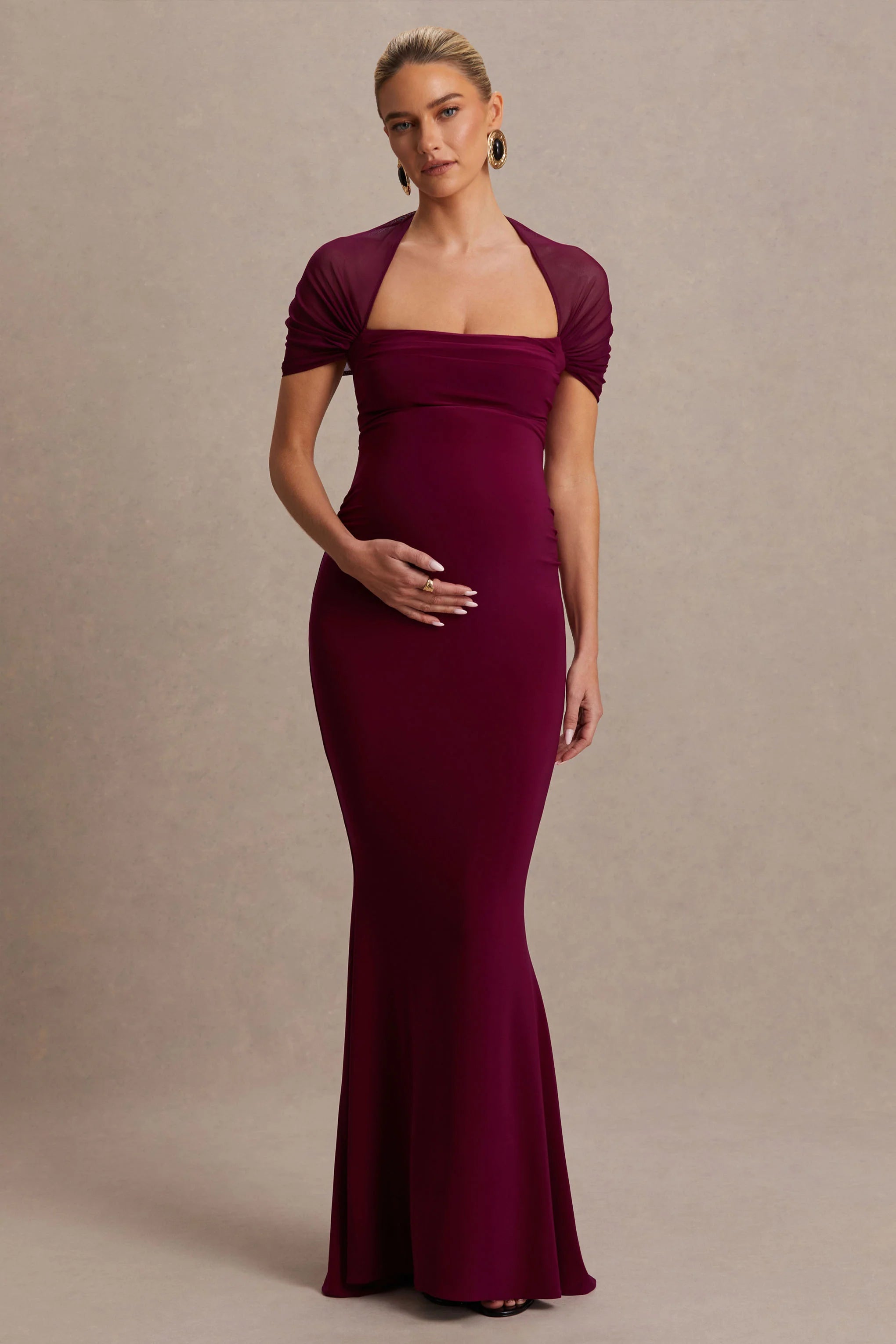Dome Burgundy Square Neck Mesh Sleeve Maternity Maxi Dress