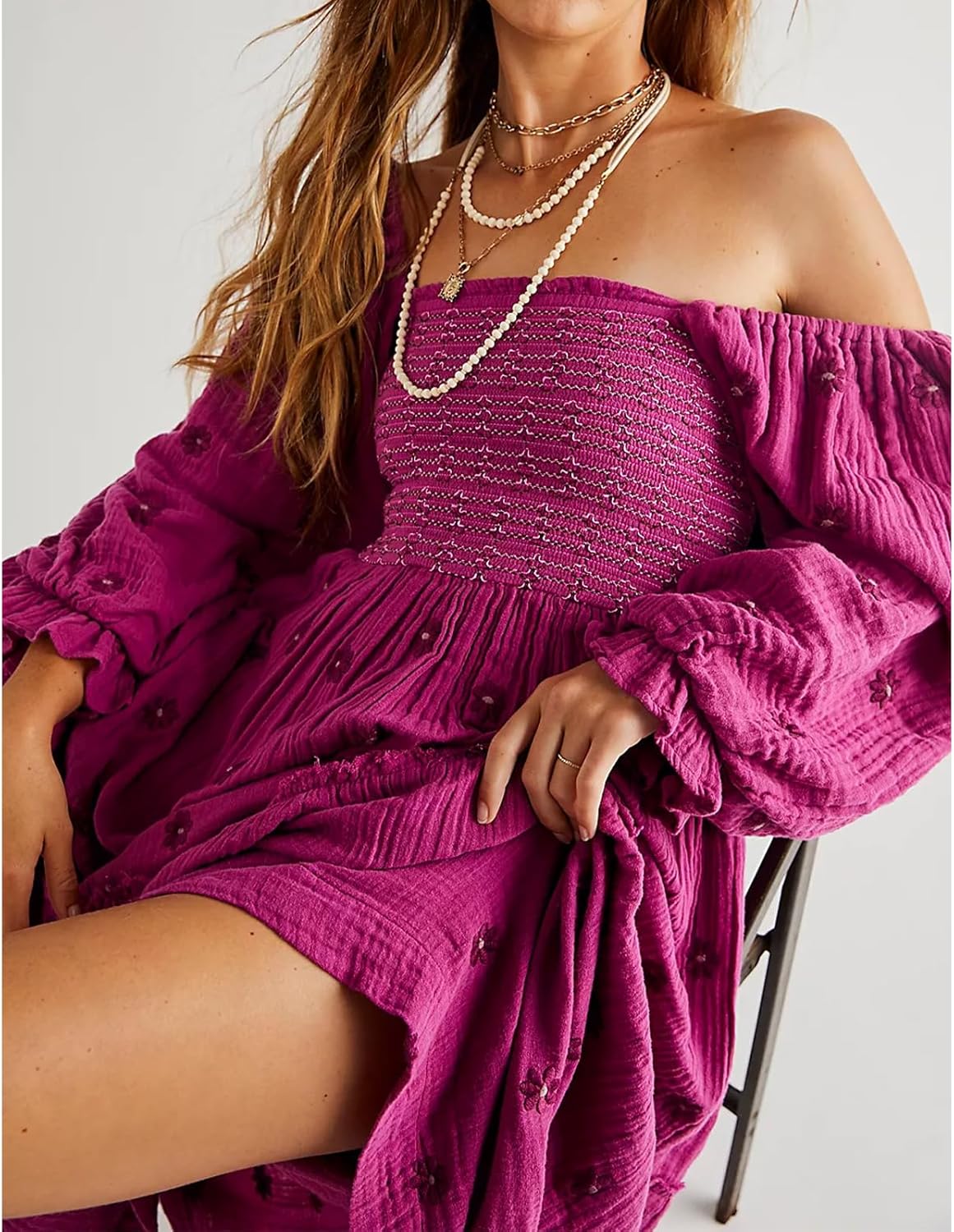 Women Floral Embroidered Maxi Dress Long Puff Sleeve Square Neck Bohemian Flowy Dress with Pockets Summer Fall