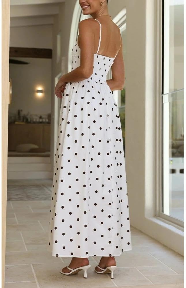 Women Polka Dot Maxi Dress Smocked Spaghetti Strap Flowy Sundress Summer Beach Vacation