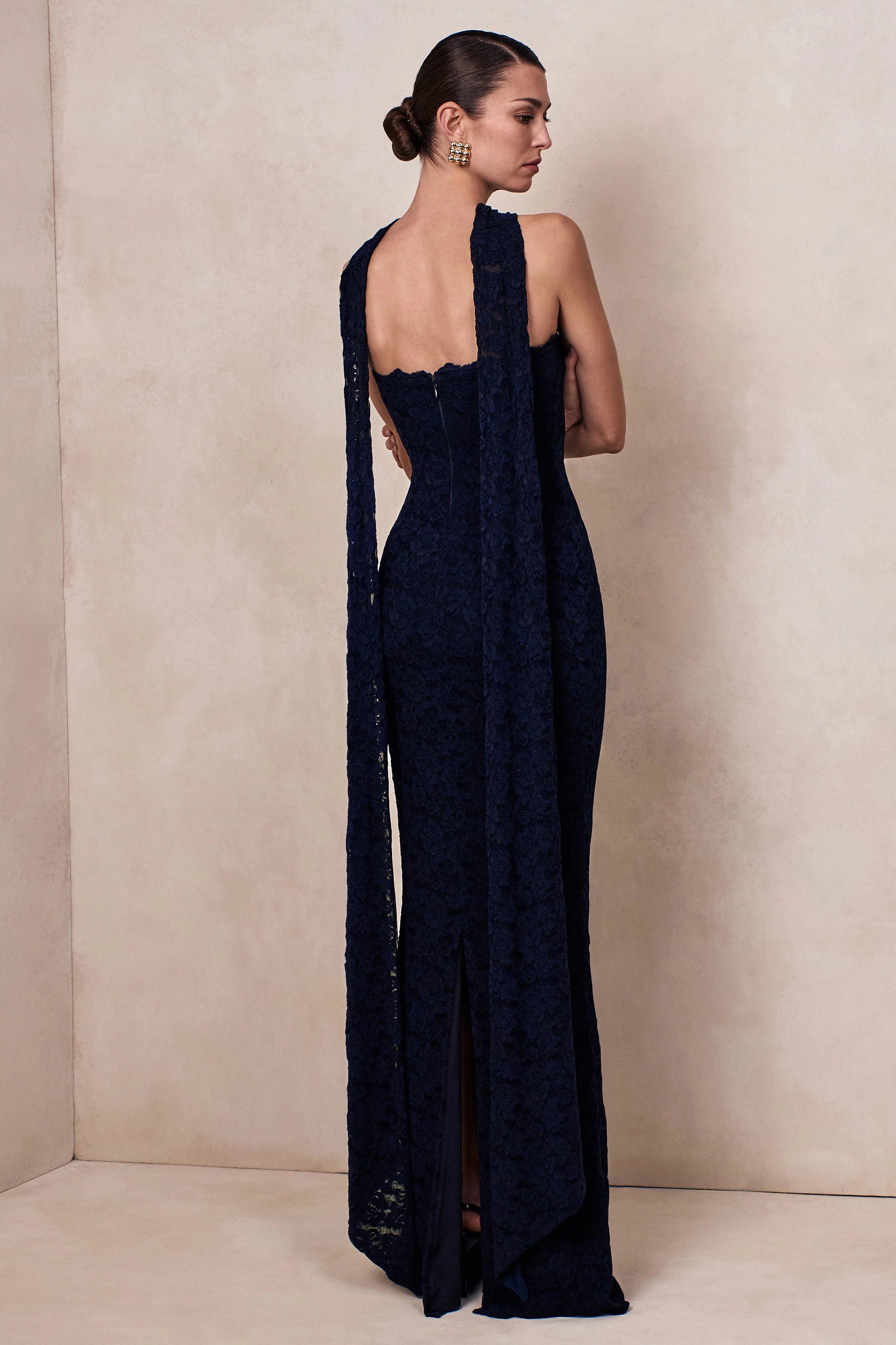 Massima Navy Lace Bandeau Maxi Dress With Scarf Detail