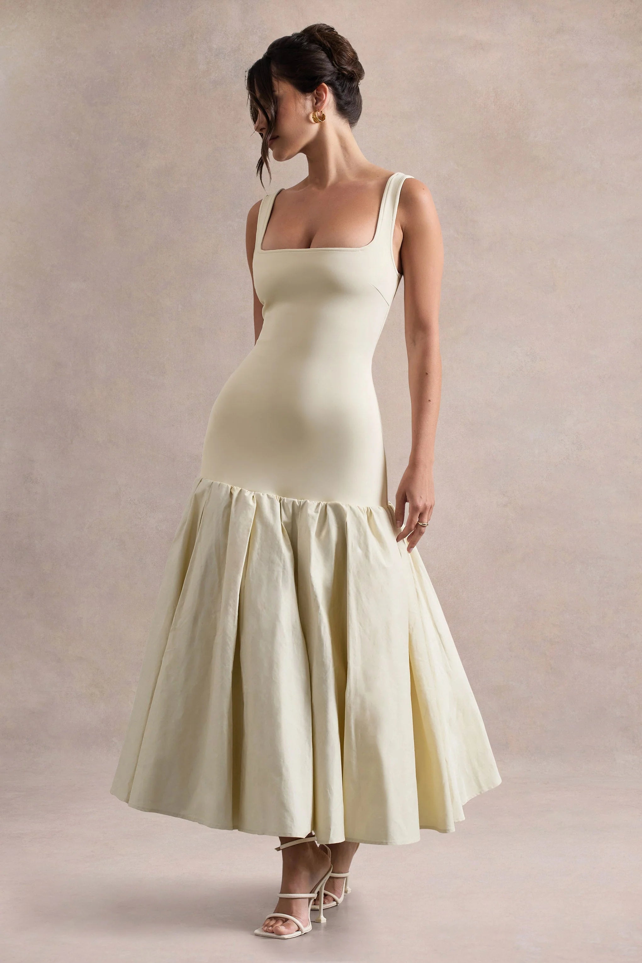 Parida Cream Poplin Drop Waist Midi Dress With Peplum Hem