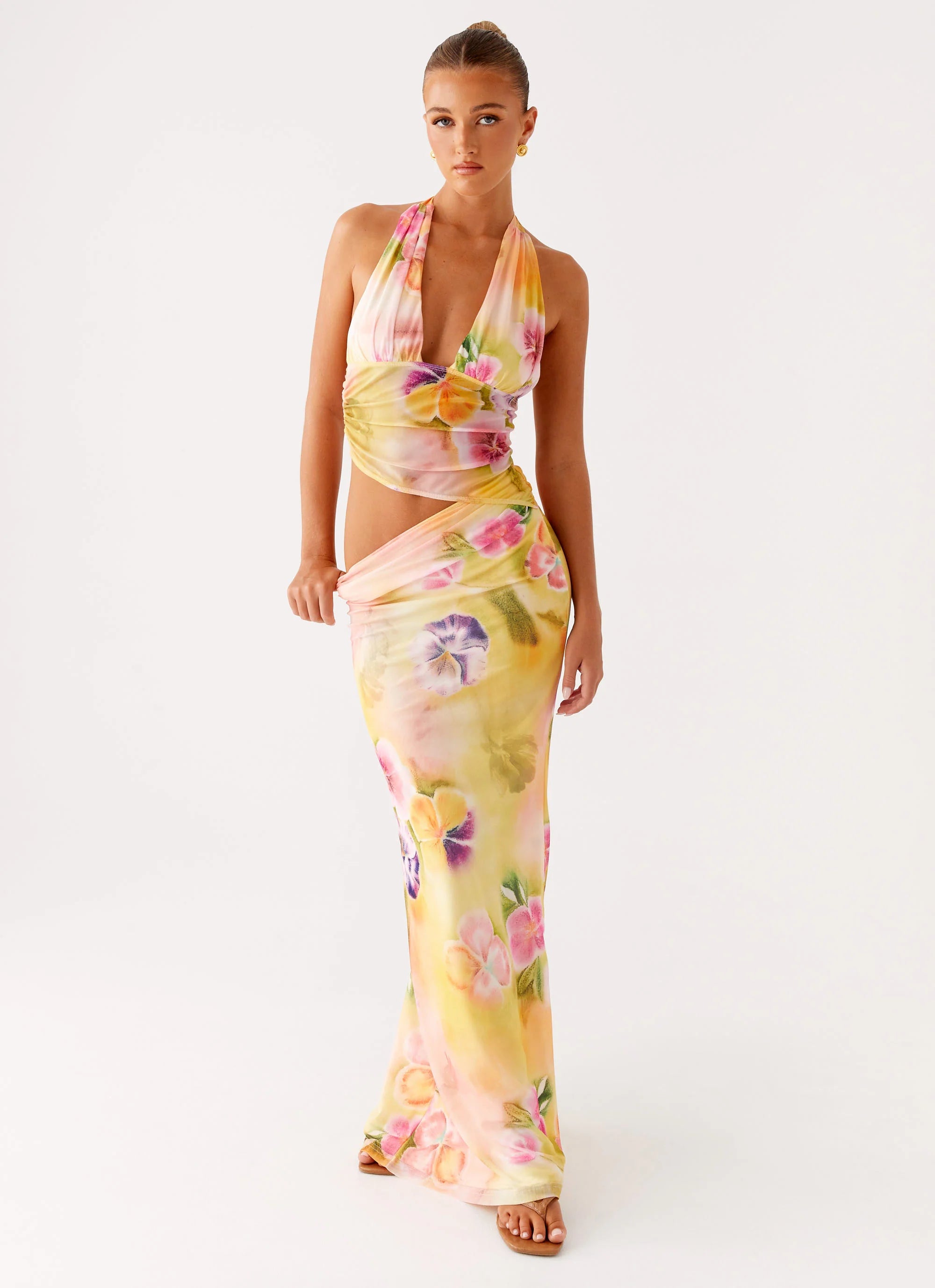 Main Act Halter Maxi Dress Sunburst Floral