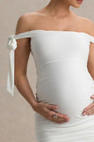 Chandelier White Bardot Maternity Midi Dress With Bow Details