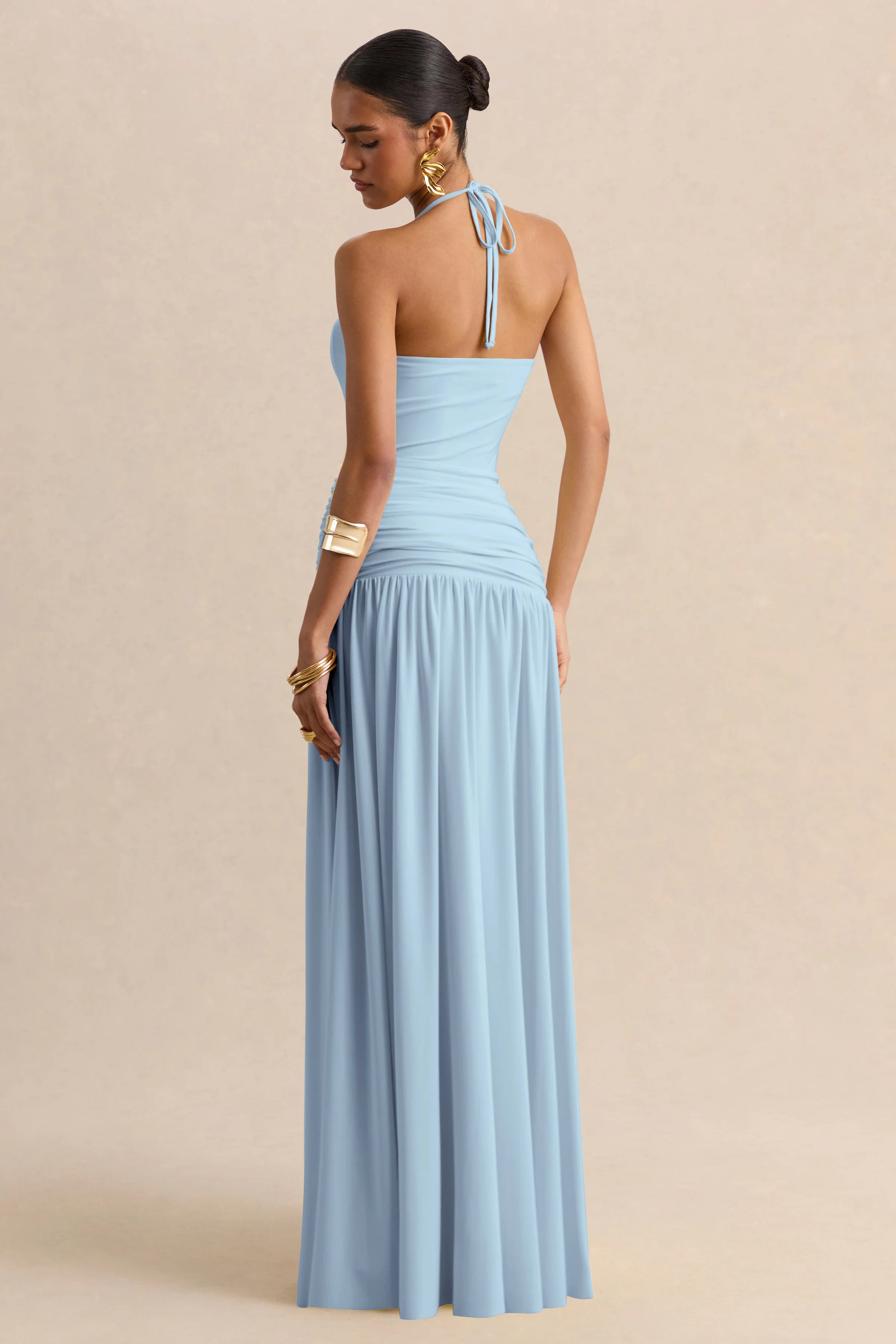 Nicolette Powder Blue Square Neck Maxi Dress With Ruched Detailing