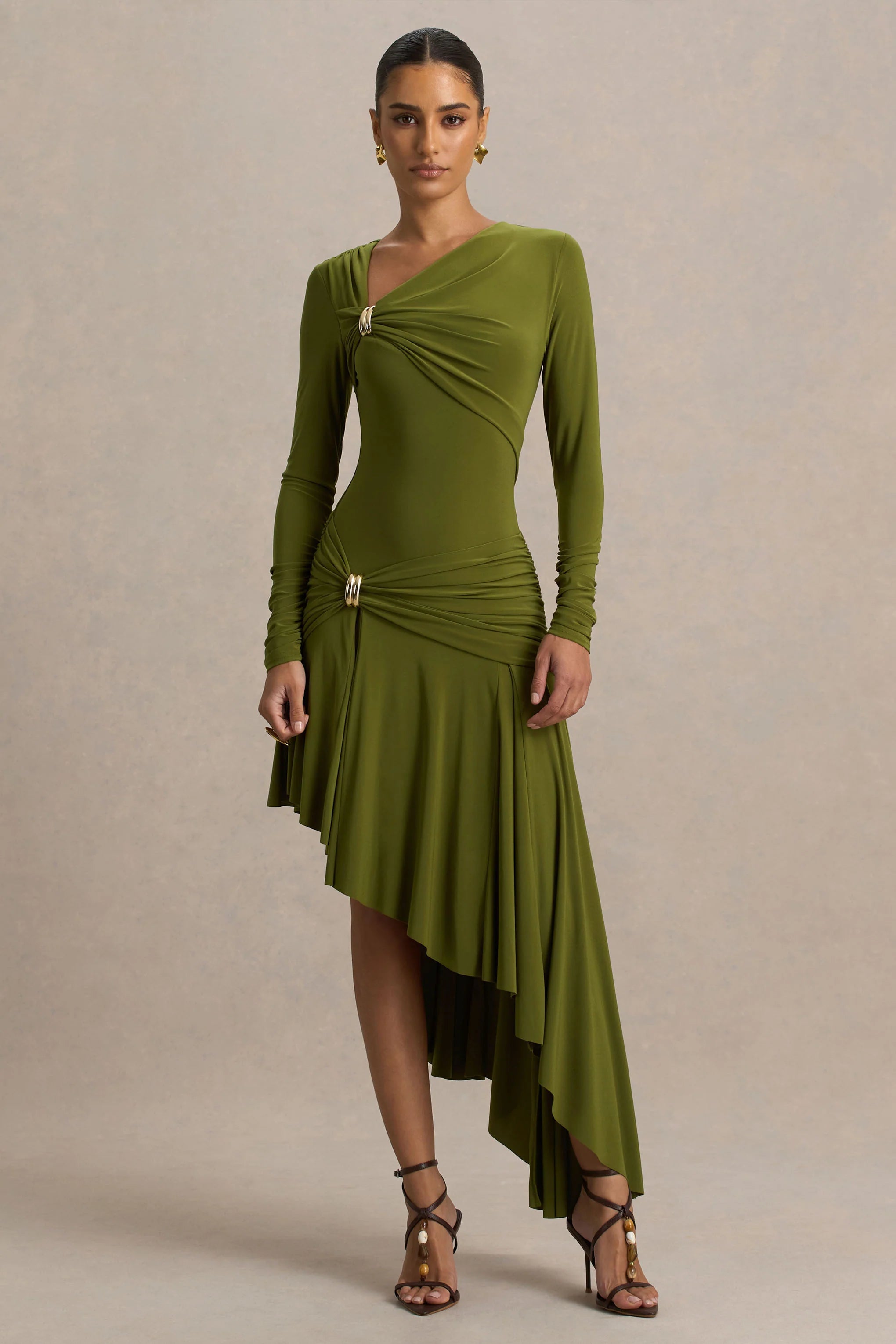 Alexia Green Asymmetric Neck Maxi Dress With Gold Details