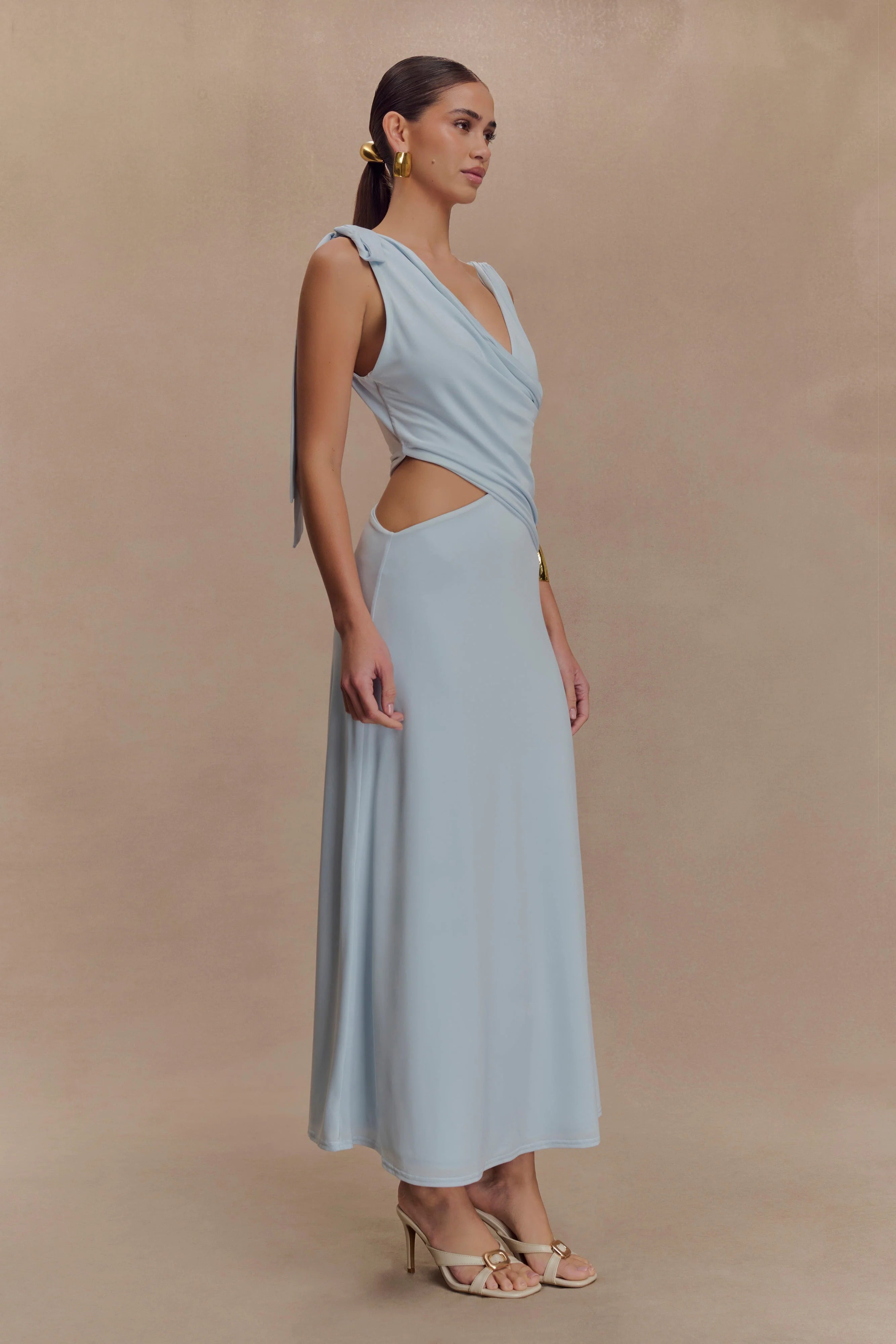 Raleigh Asymmetrical Slinky Midi Dress Pale Blue