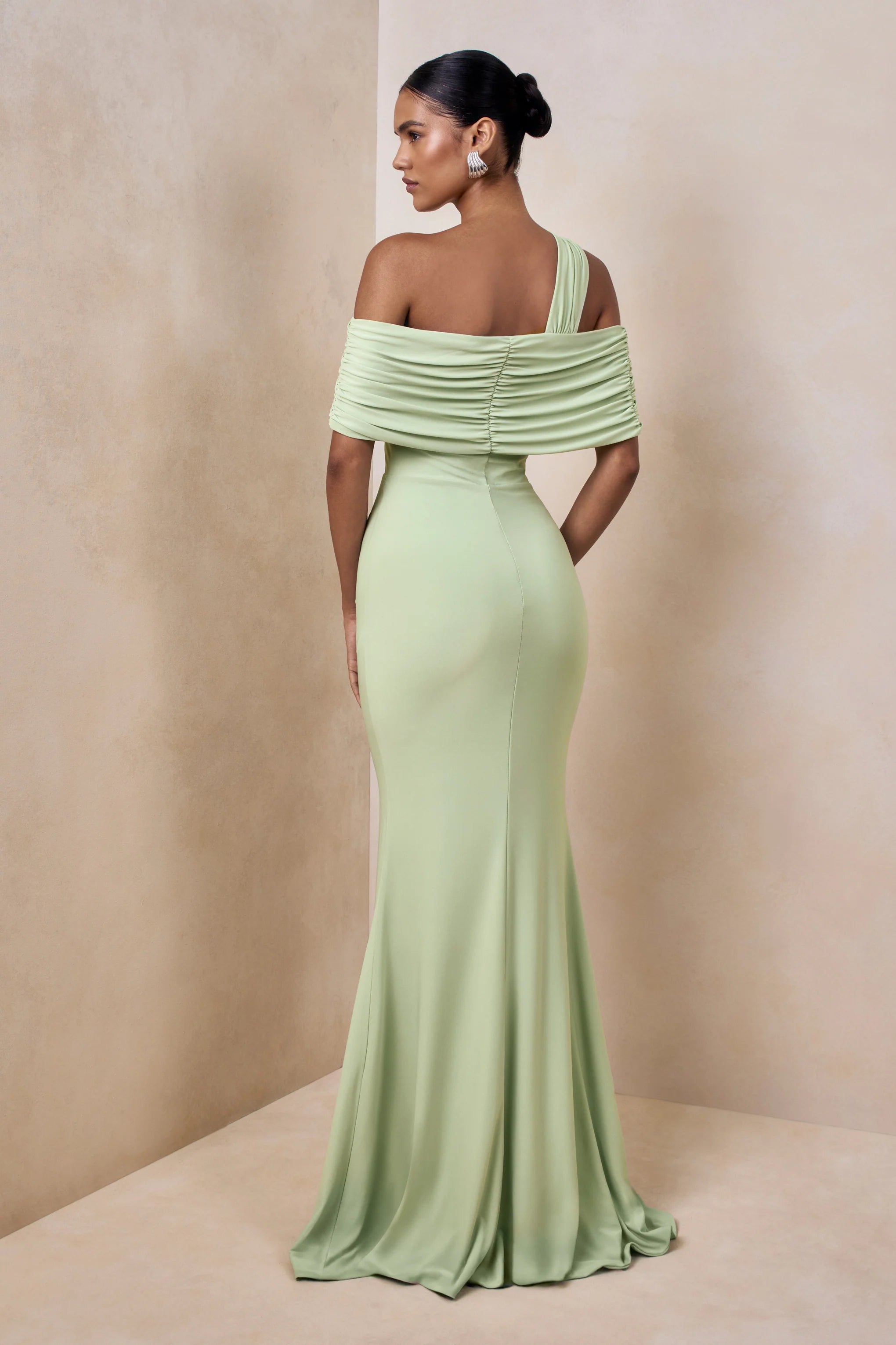 Nala Mint Asymmetric Neck Maxi Dress With Gathered Detailing