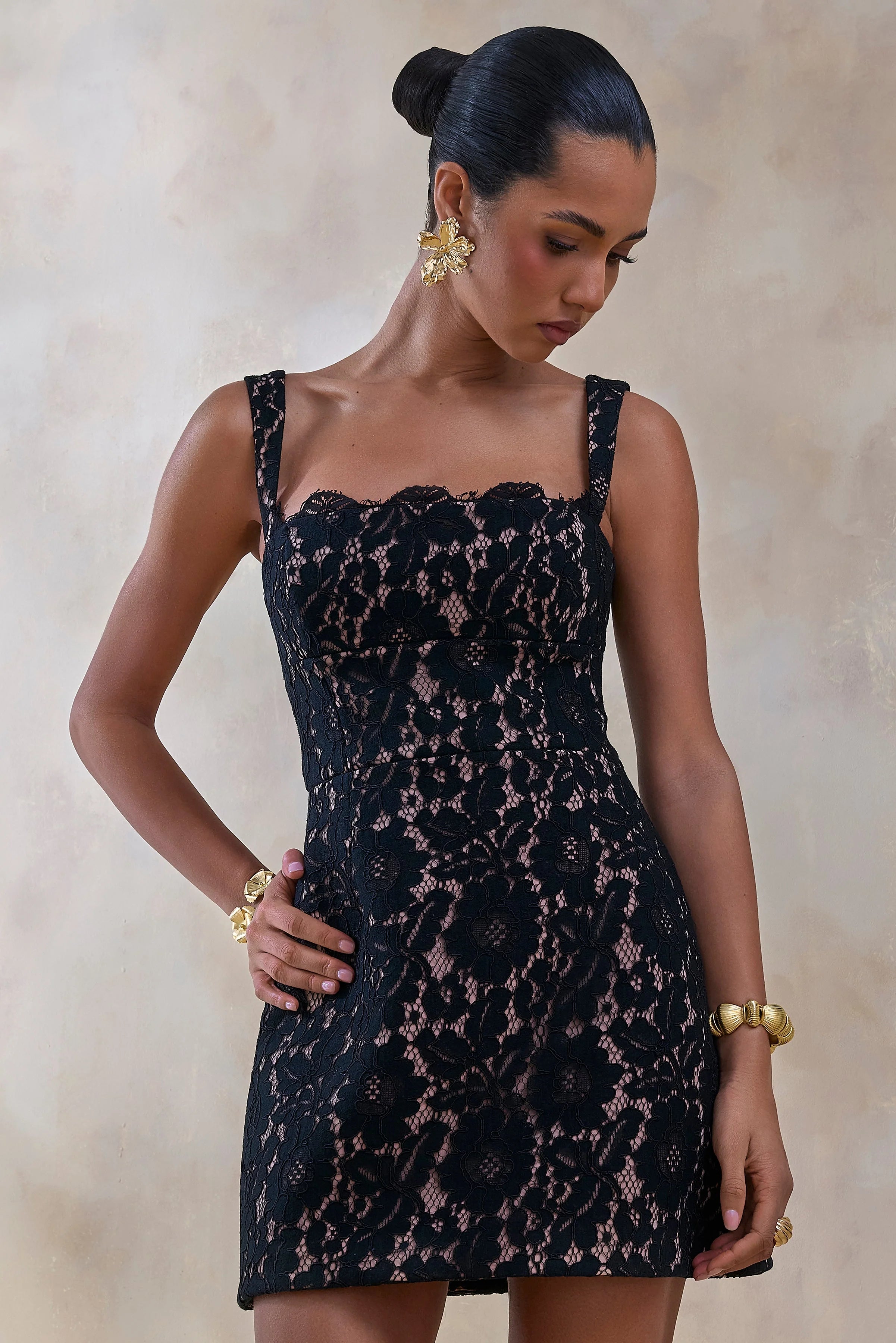 Orelisse Black Lace Square Neck Mini Dress