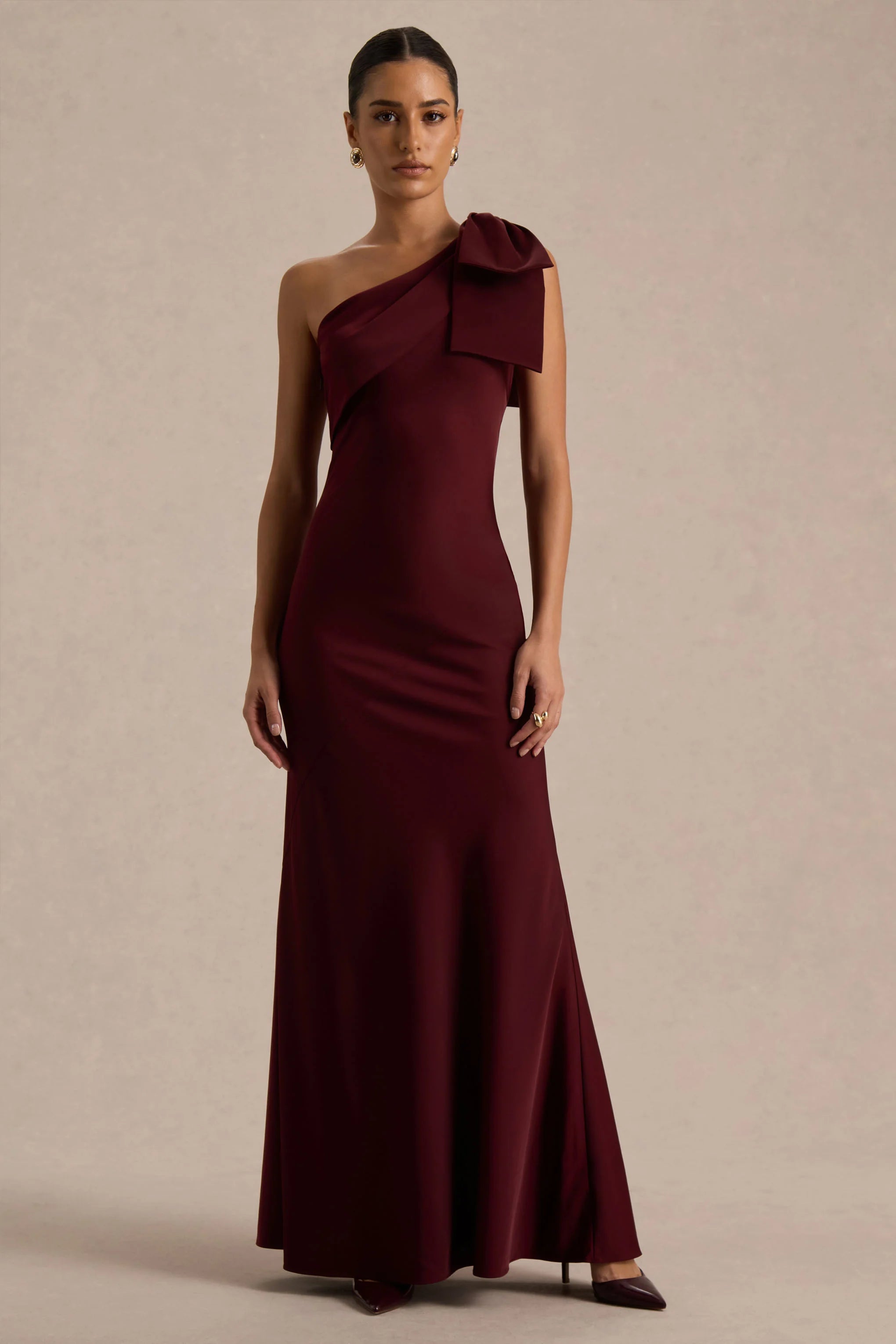 Josephine Burgundy Matte Satin Asymmetric Neck Maxi Dress With Bow Detail