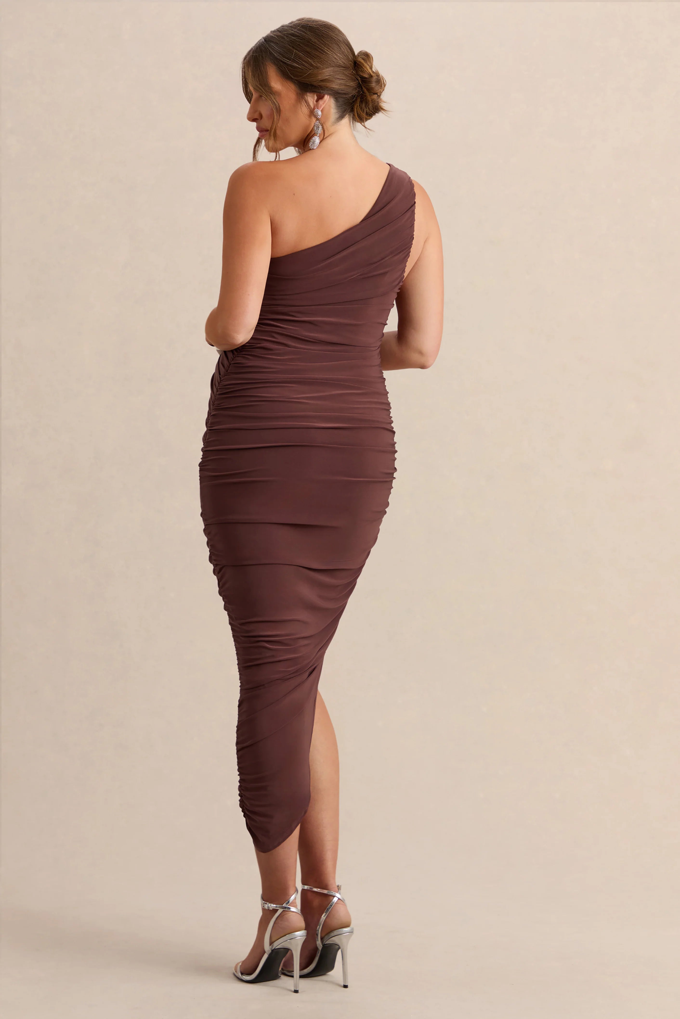 Late Night Brown Maternity Ruched One Shoulder Midi Dress