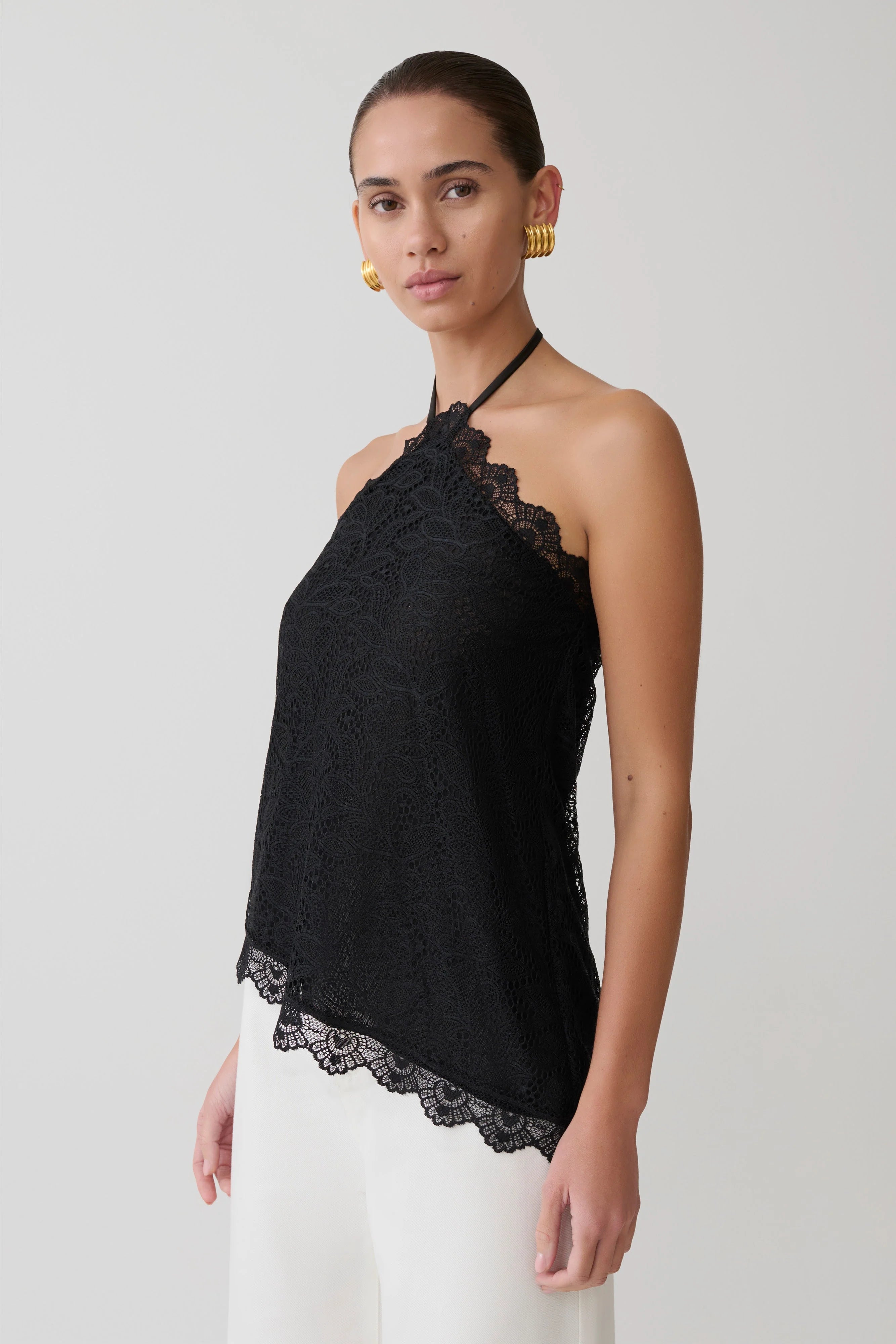 Theodosia Asymmetric Lace Halter Top Black
