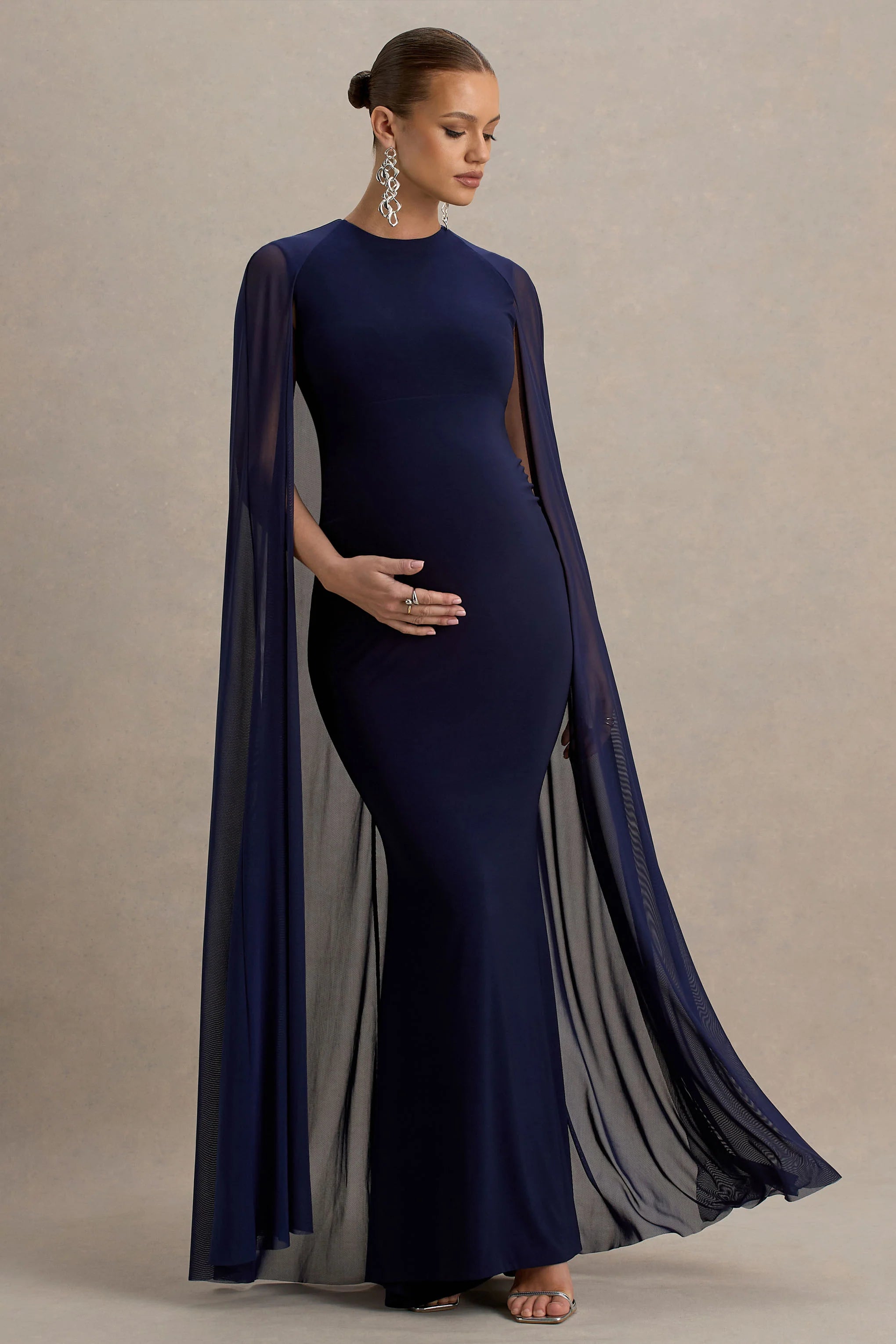 Currant Navy Crew Neck Maternity Maxi Dress With Cape