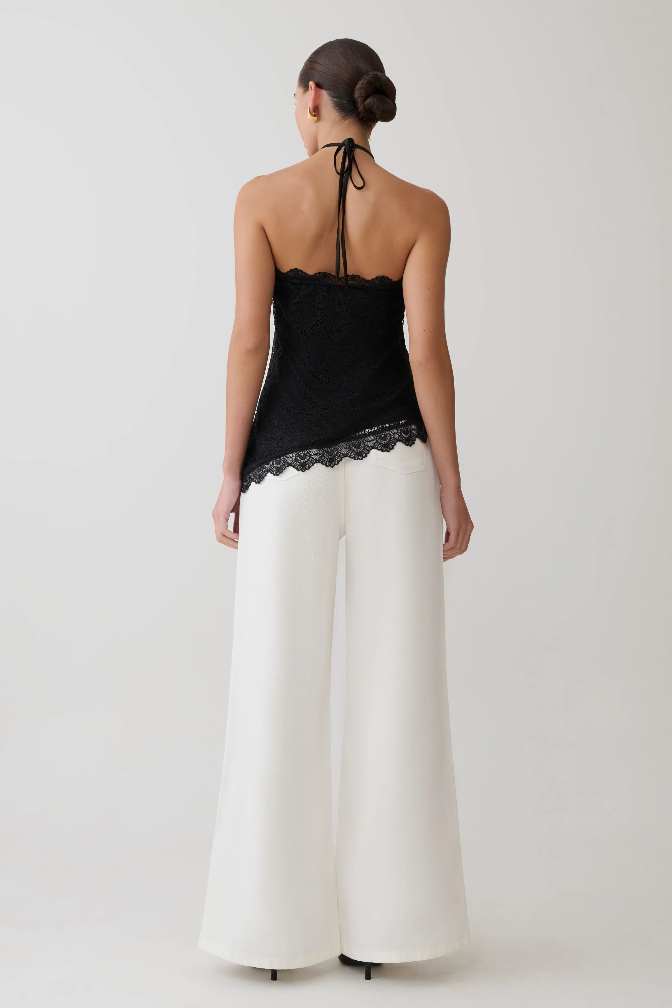 Theodosia Asymmetric Lace Halter Top Black