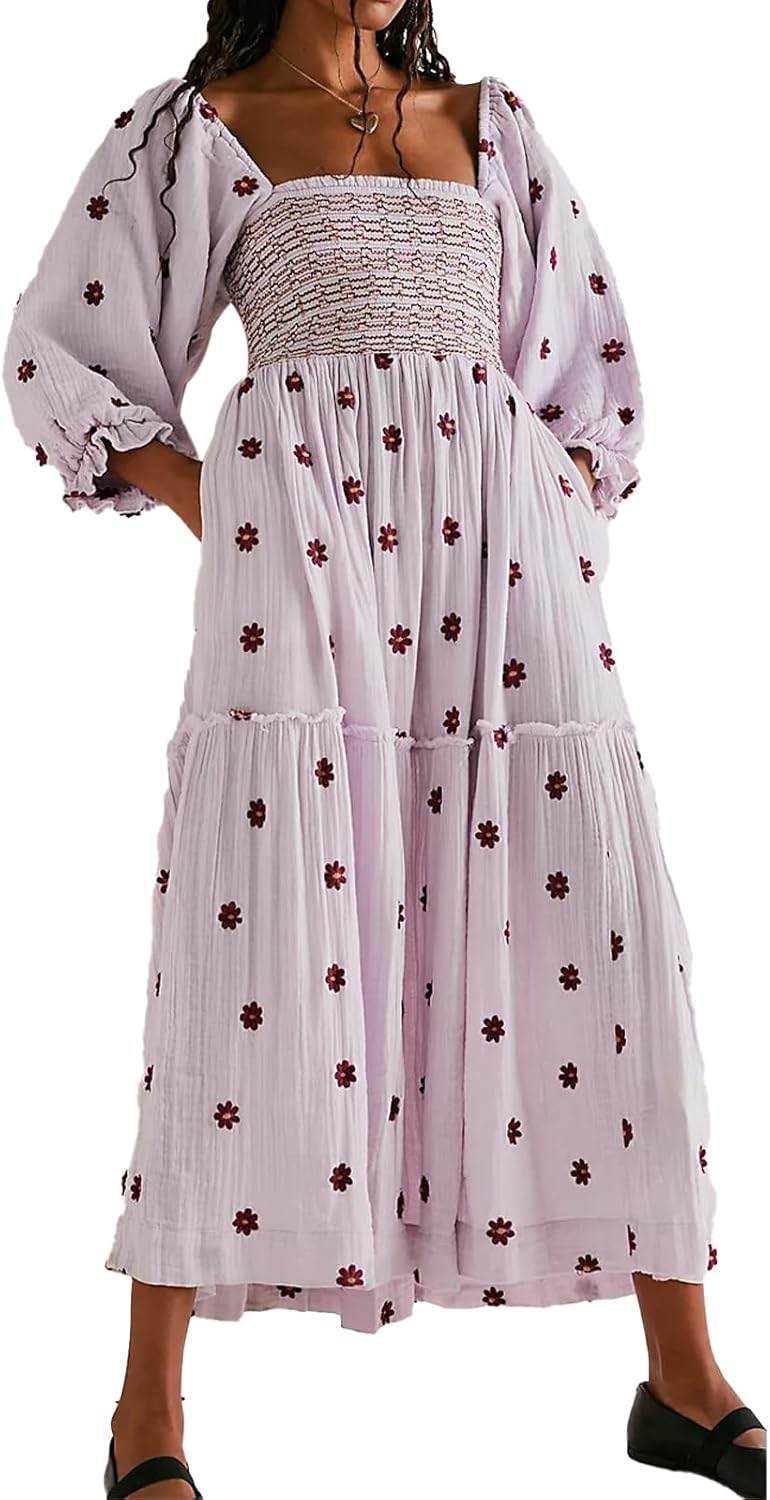 Women Floral Embroidered Maxi Dress Long Puff Sleeve Square Neck Bohemian Flowy Dress with Pockets Summer Fall