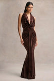 Lavernia Brown Velvet Halter Neck Maxi Dress With Gathered Detailing