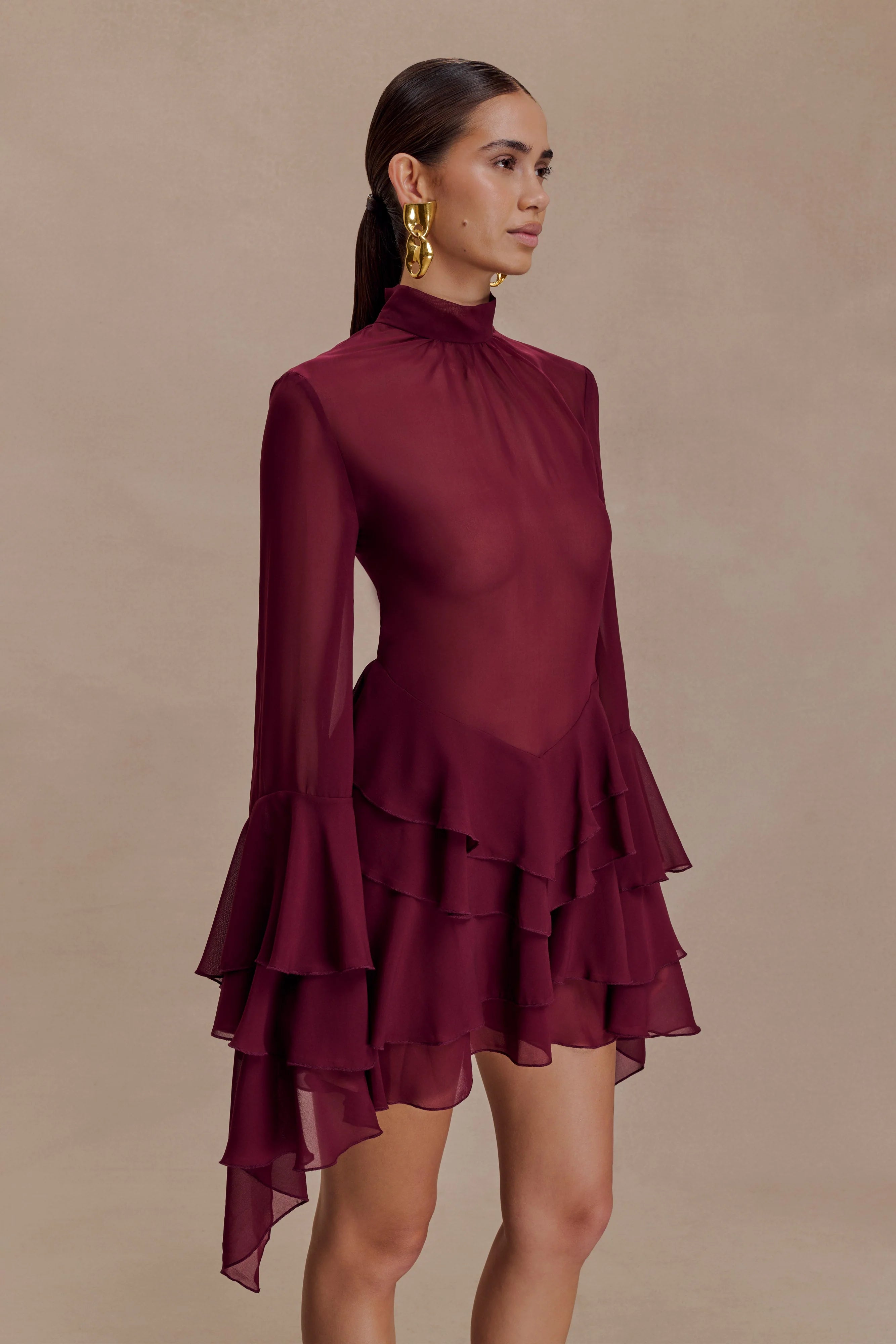 Nimah Chiffon Ruffle Mini Dress Wine