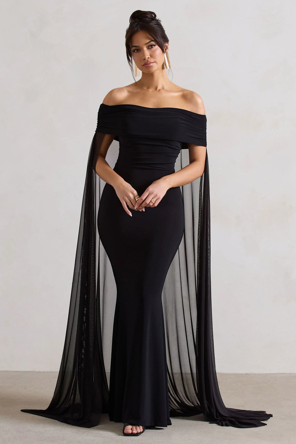 Carlotta Black Bardot Maxi Dress With Chiffon Cape