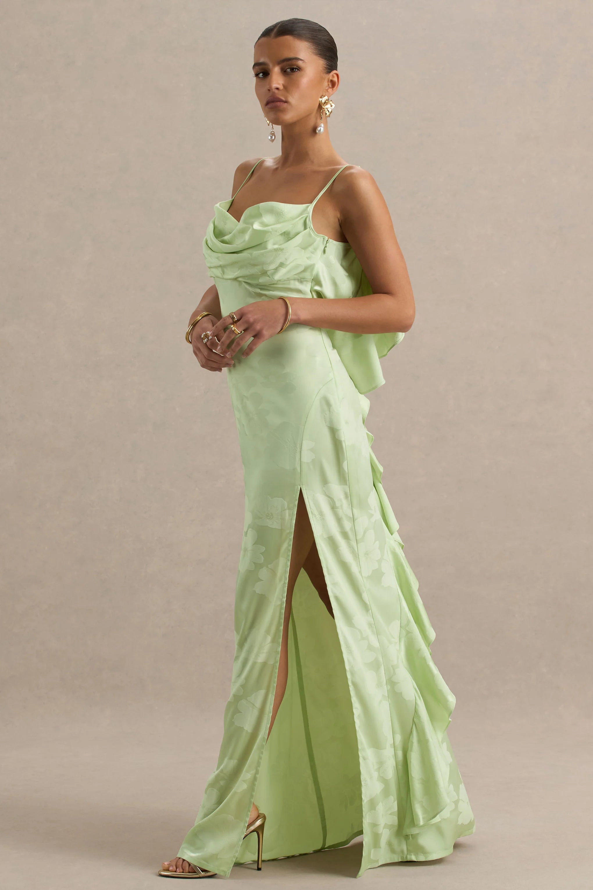 Maddie Light Green Floral Print Satin Cowl Neck Maxi Dress