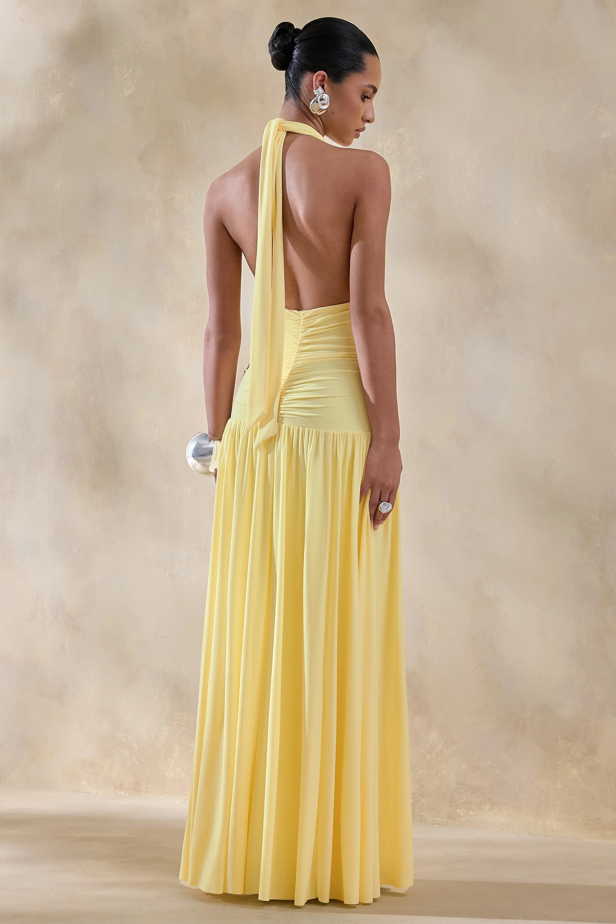 Bettina Lemon Plunge Neck Maxi Dress With Gathered Detailing