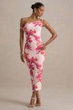 Tatian Pink and Orange Floral Print Twisted Asymmetric Midi Dress
