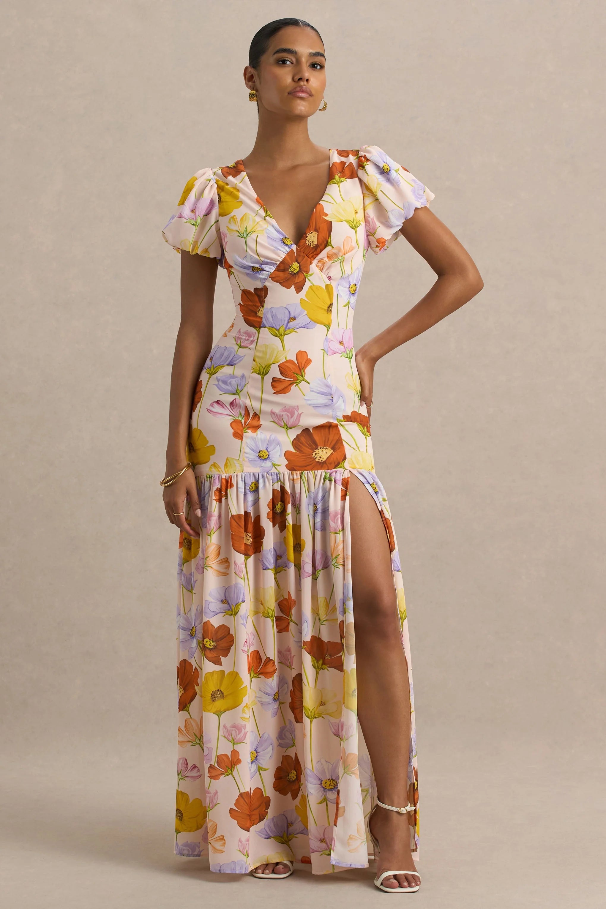 Ginny Bright Floral Print Puff Sleeve Split Maxi Dress