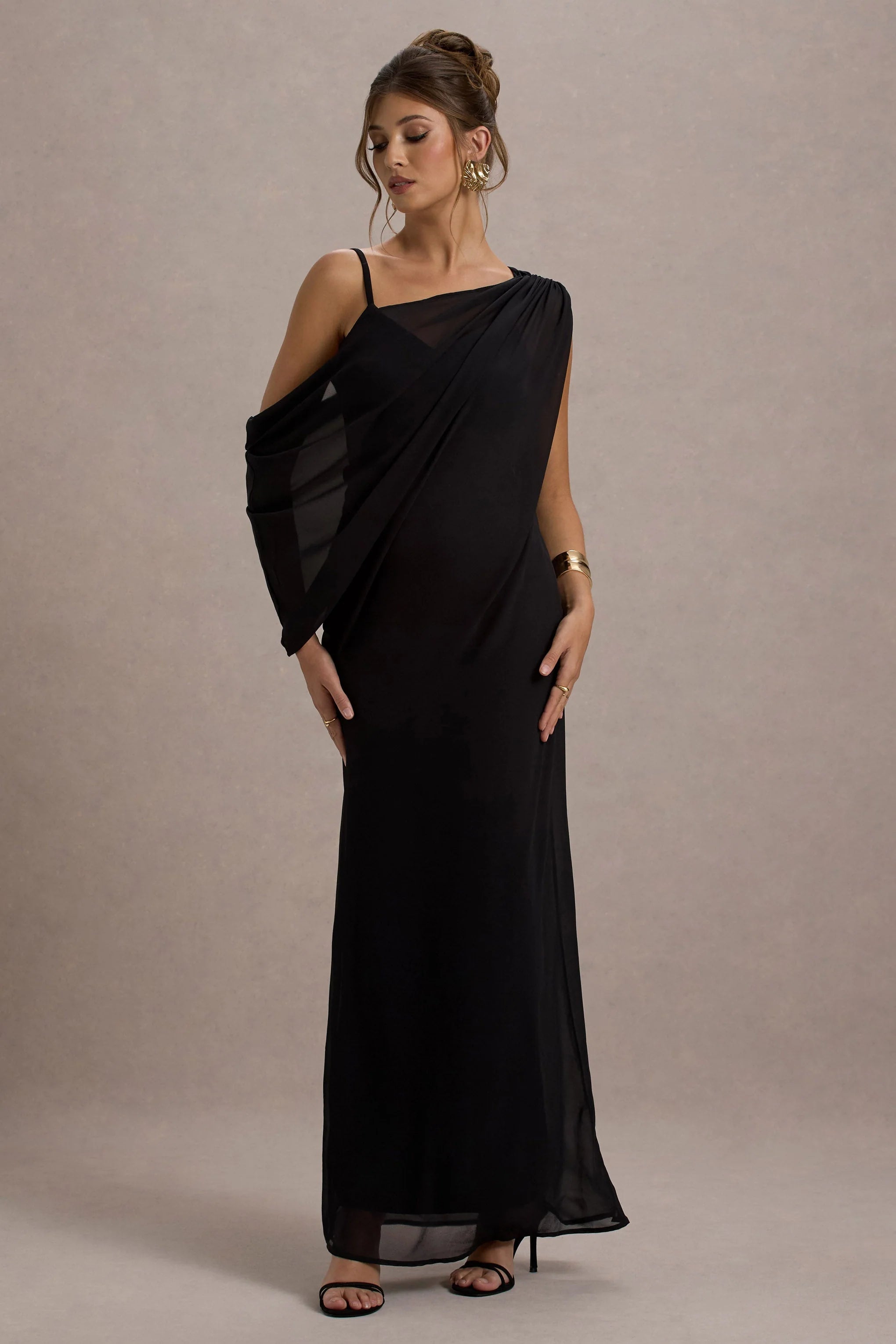Aeliana Black Strappy V Neck Maxi Dress With Chiffon Sash