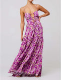 Women Floral Maxi Dress Tie Front Cut Out Backless Boho Spaghetti Strap Summer Beach Sundress