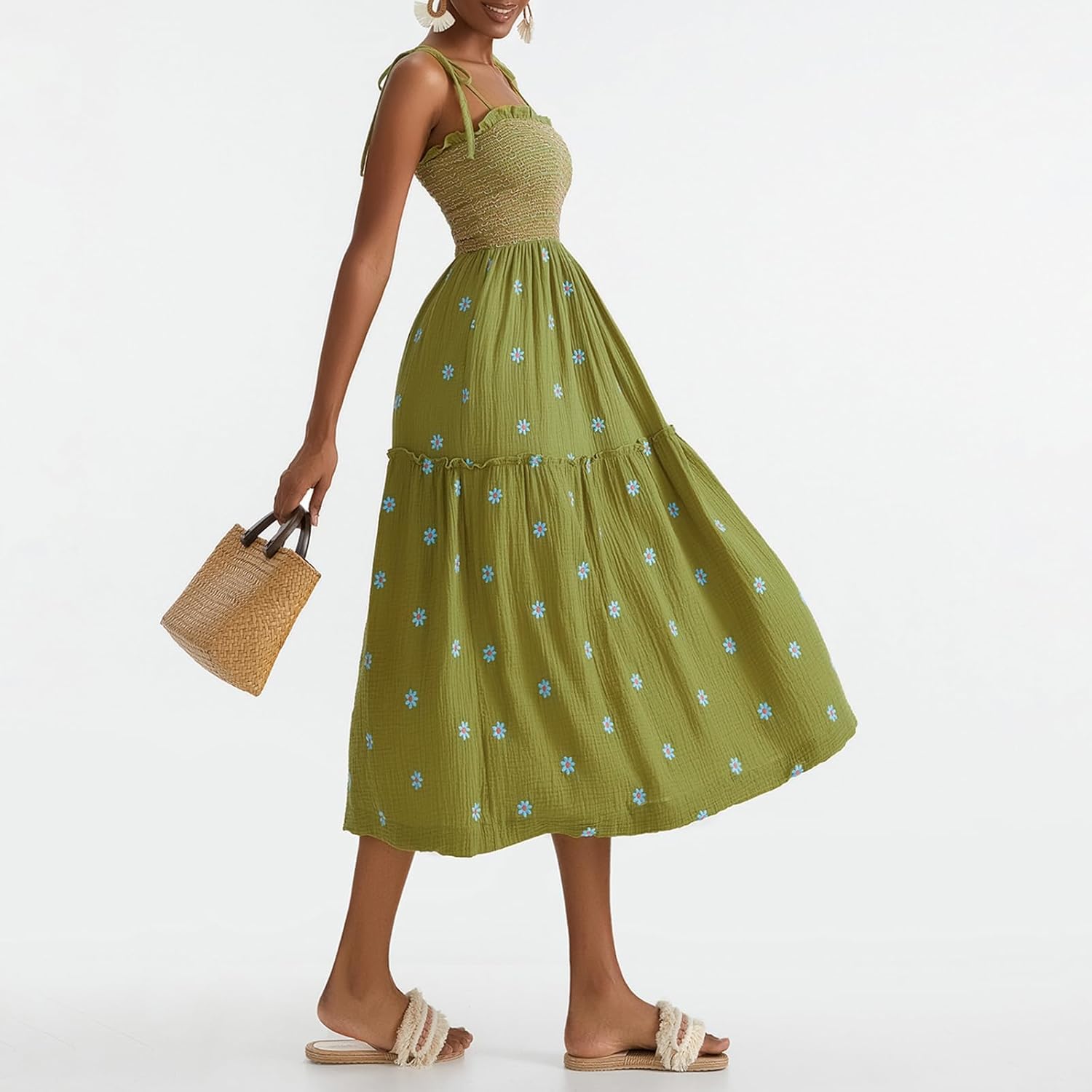 Women Floral Embroidered Maxi Dress Sleeveless Tie Shoulder Smocked Flowy Dress Boho Summer Sundresses with Pockets