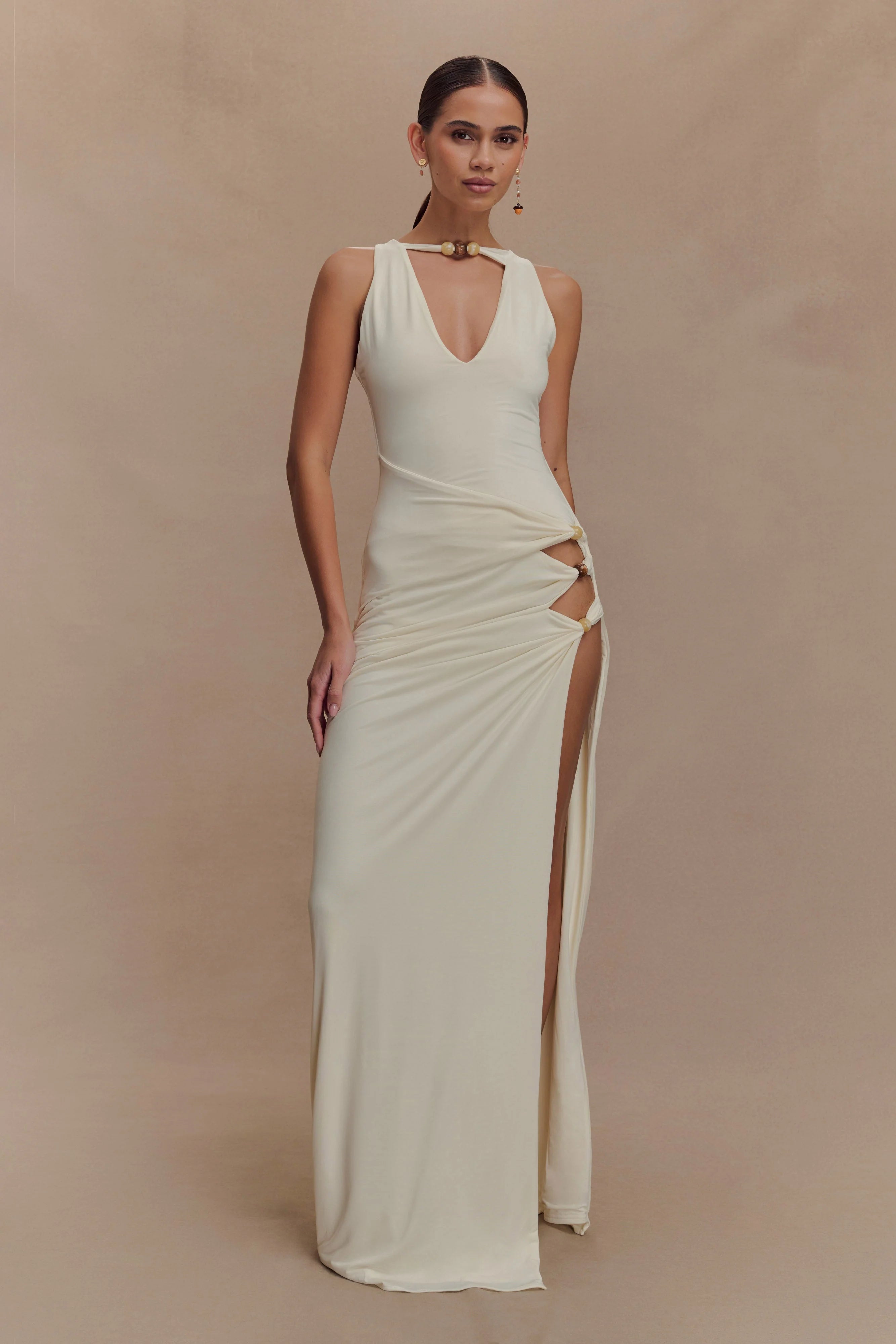 Kaiden Slinky Beaded Maxi Dress Ivory
