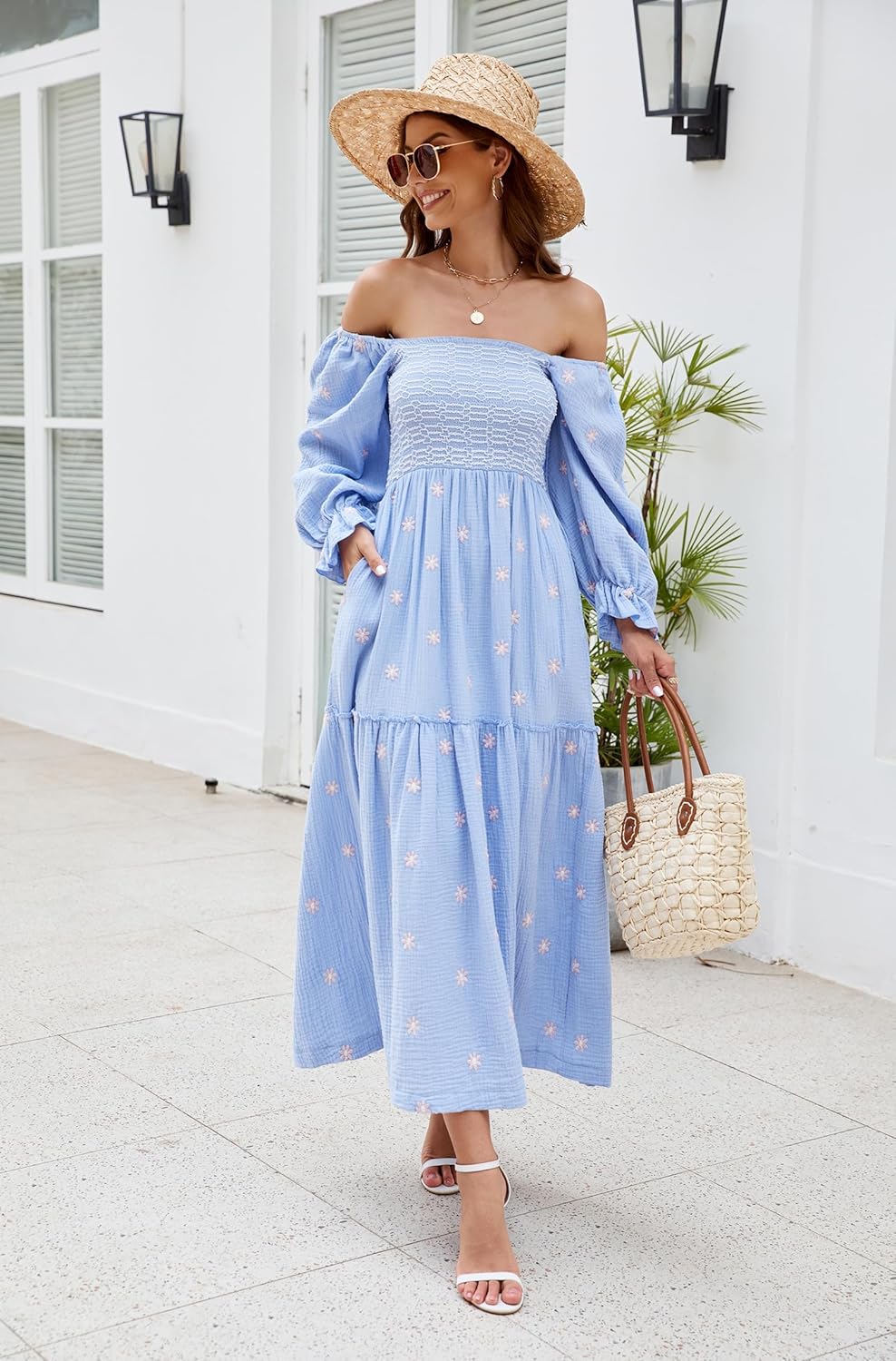 Women Floral Embroidered Maxi Dress Long Puff Sleeve Square Neck Bohemian Flowy Dress with Pockets Summer Fall